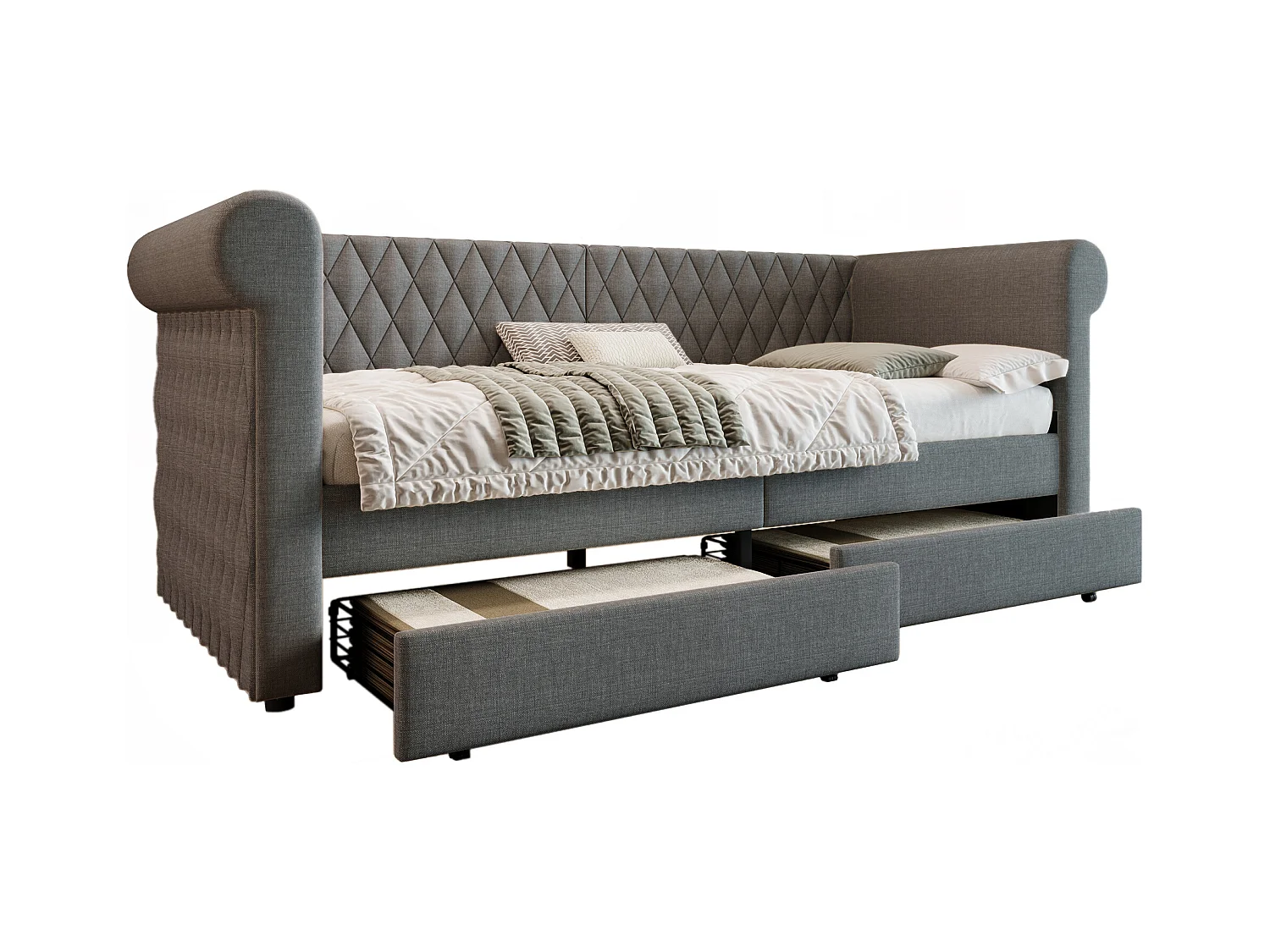 Bedbank 90x200 cm, grijs linnen, kinderbed met 2 opberglades en lattenbodem, zonder matras