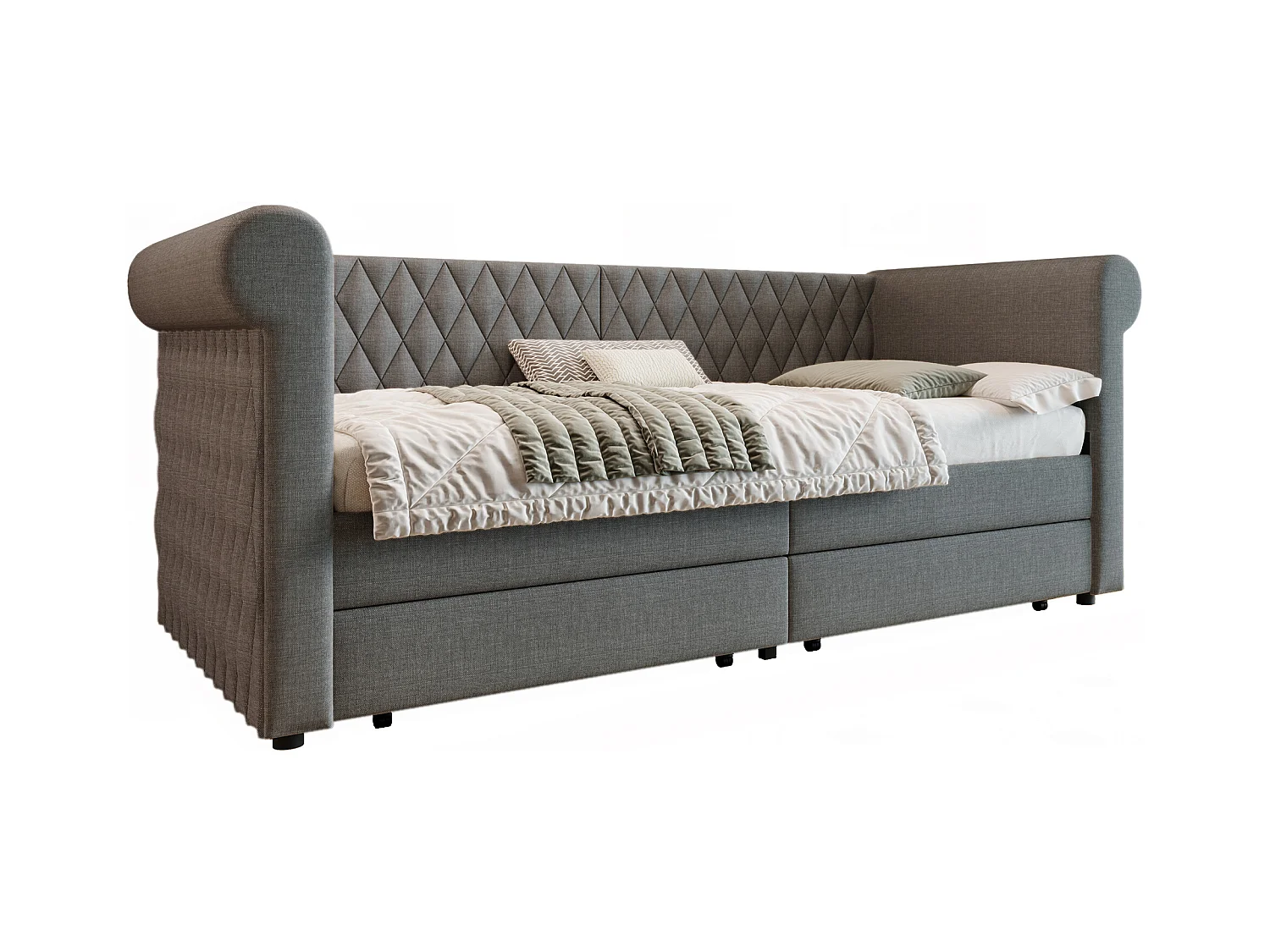 Bedbank 90x200 cm, grijs linnen, kinderbed met 2 opberglades en lattenbodem, zonder matras