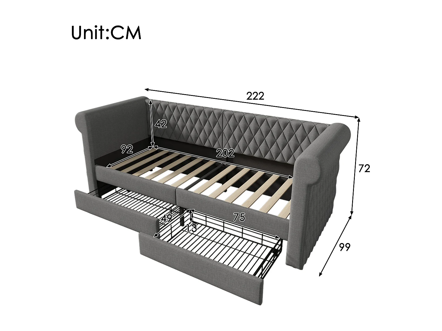 Lit banquette 90x200 cm, lin gris, Lit enfant avec 2 tiroirs de rangement et sommier à lattes, sans matelas