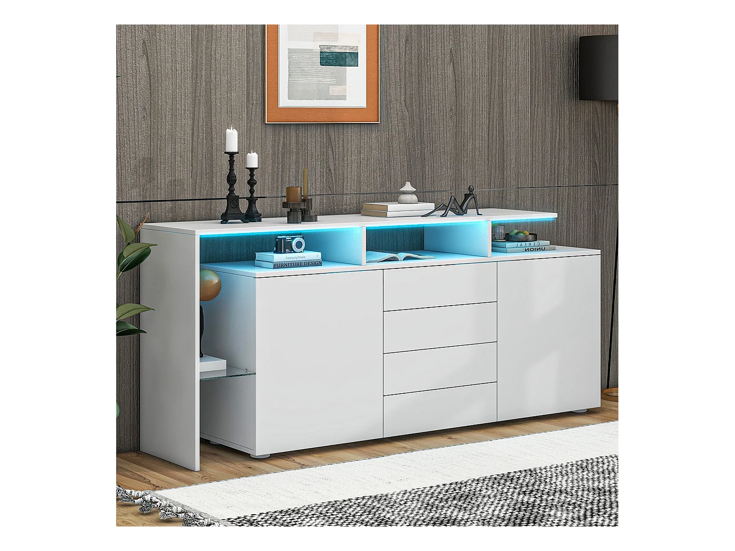 Buffet blanc avec 4 tiroirs et 2 portes, éclairage LED, 160x35x70 cm