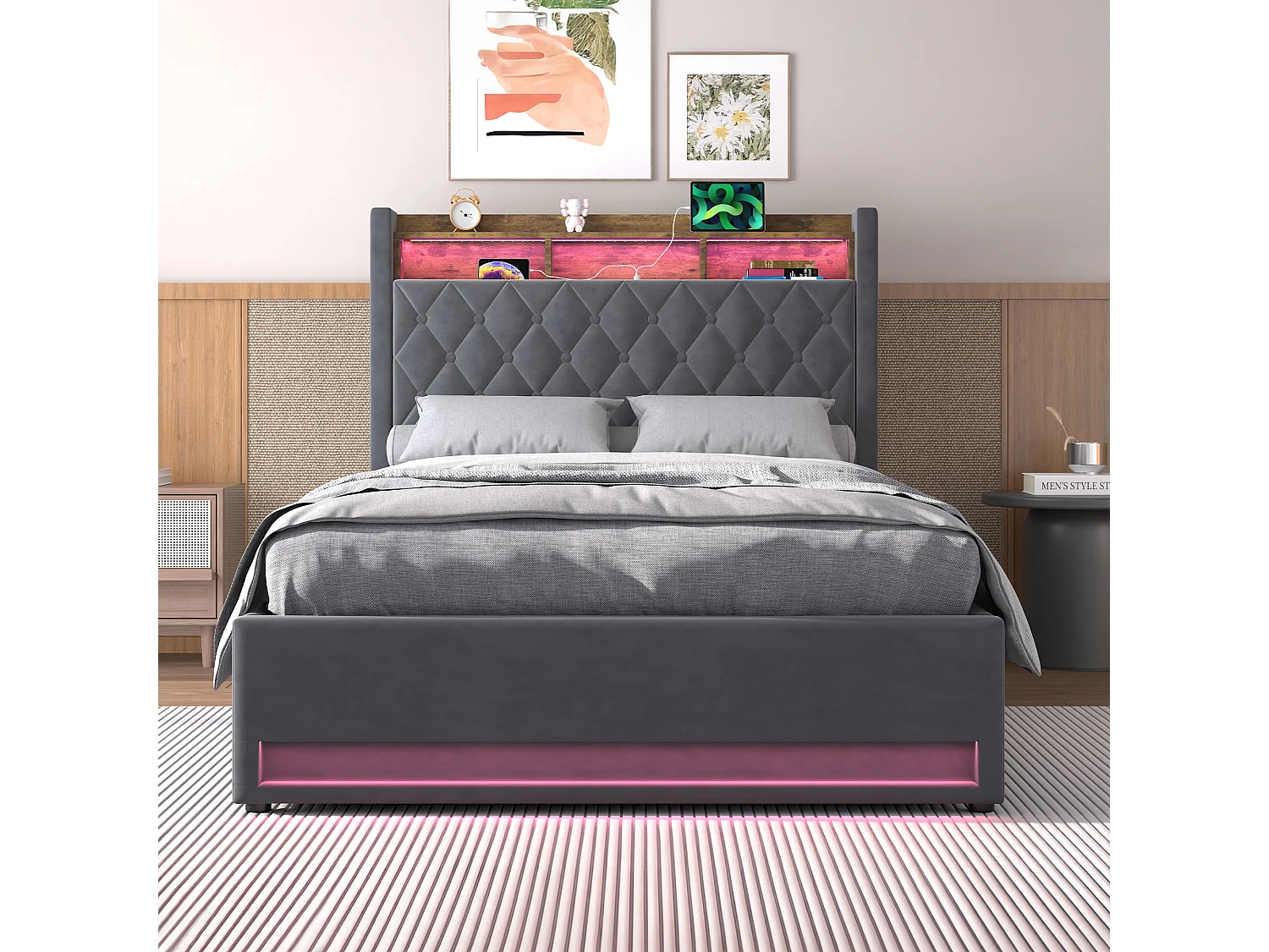 Lit coffre 140x190 cm, velours gris, Lit adulte avec éclairage LED et port de charge USB, sans matelas