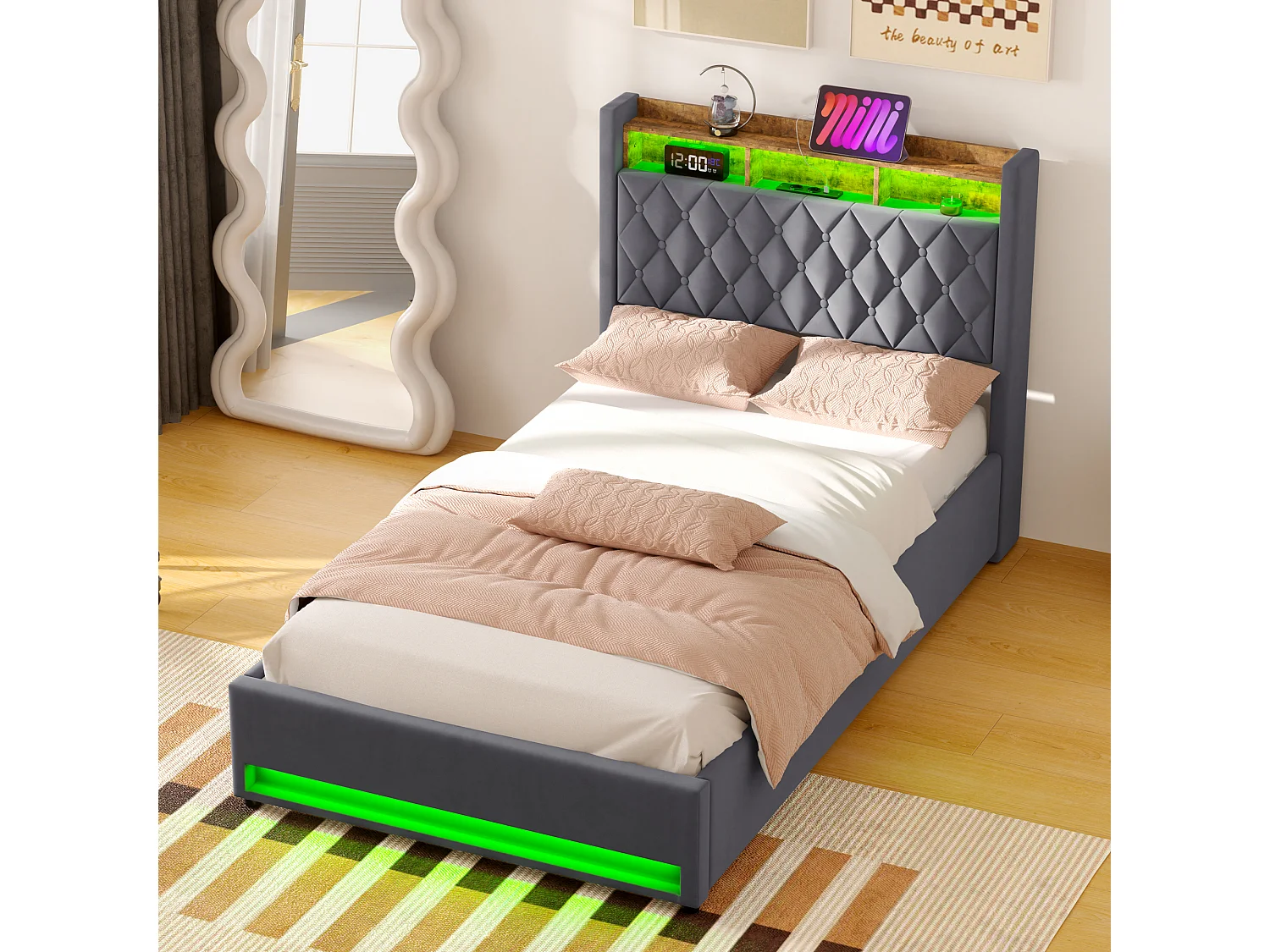 Lit coffre 140x190 cm, velours gris, Lit adulte avec éclairage LED et port de charge USB, sans matelas