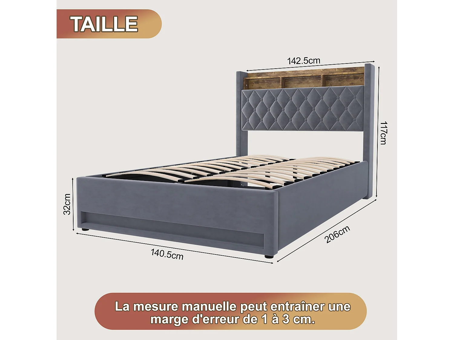 Lit coffre 140x190 cm, velours gris, Lit adulte avec éclairage LED et port de charge USB, sans matelas