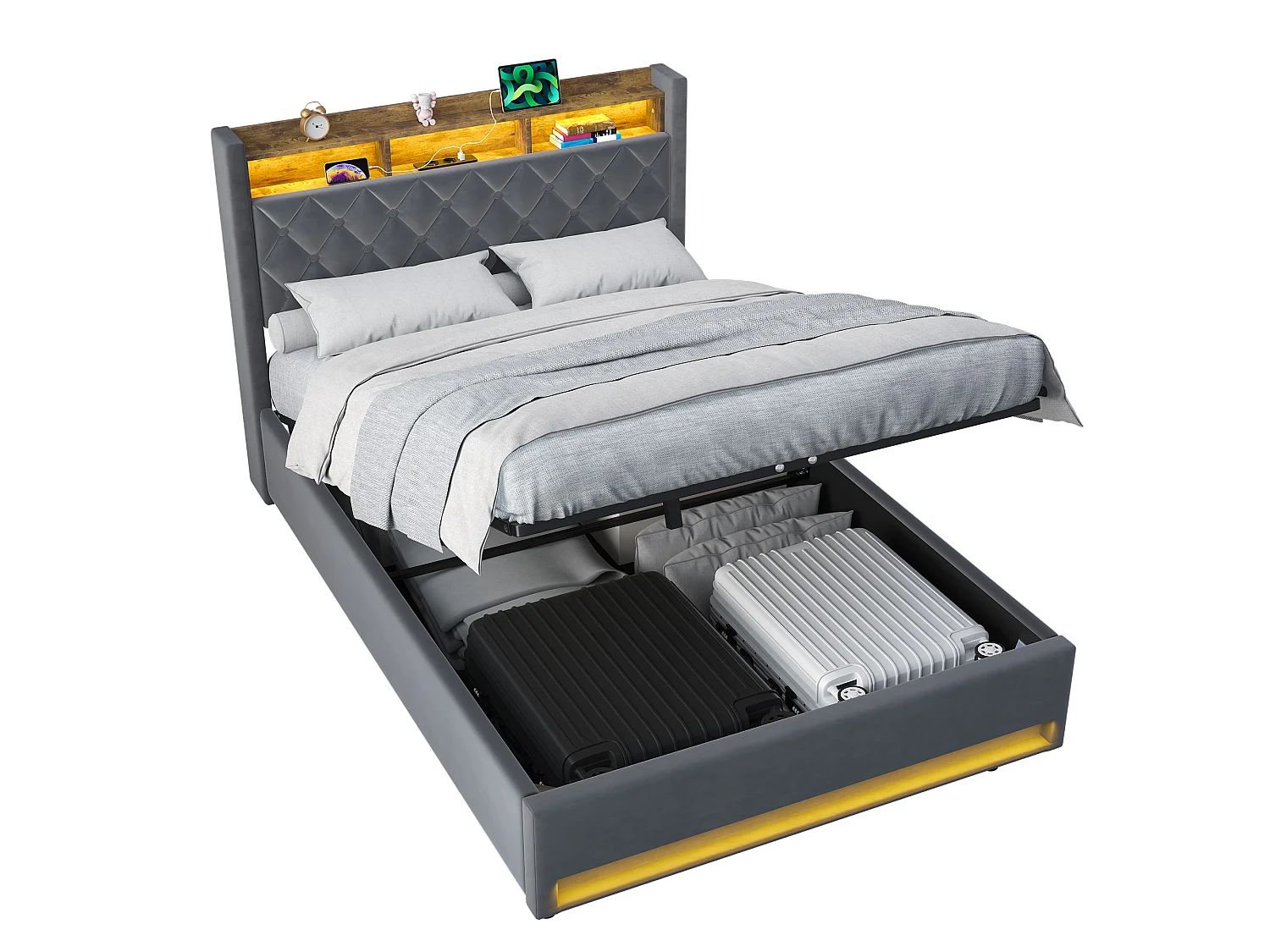 Lit coffre 140x190 cm, velours gris, Lit adulte avec éclairage LED et port de charge USB, sans matelas