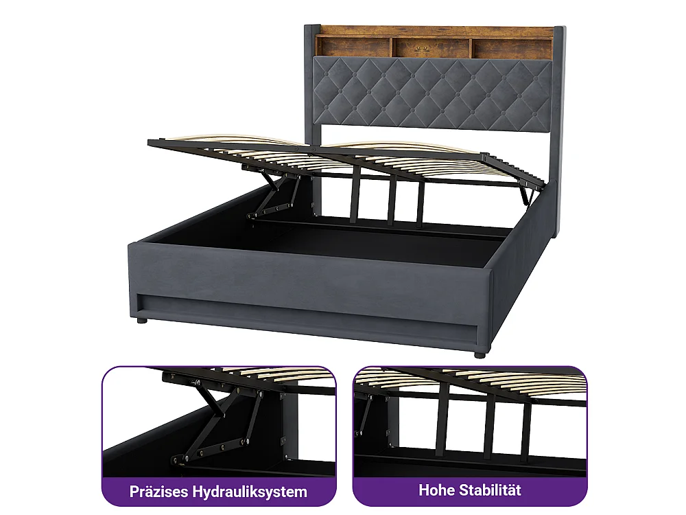 Lit coffre 140x190 cm, velours gris, Lit adulte avec éclairage LED et port de charge USB, sans matelas