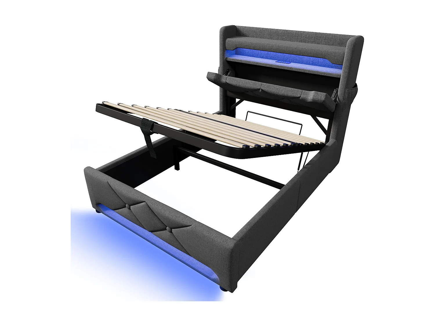 Lit avec rangement 90x200 cm, Lin gris,  Lit simple avec chargement USB et éclairage LED, sans matelas