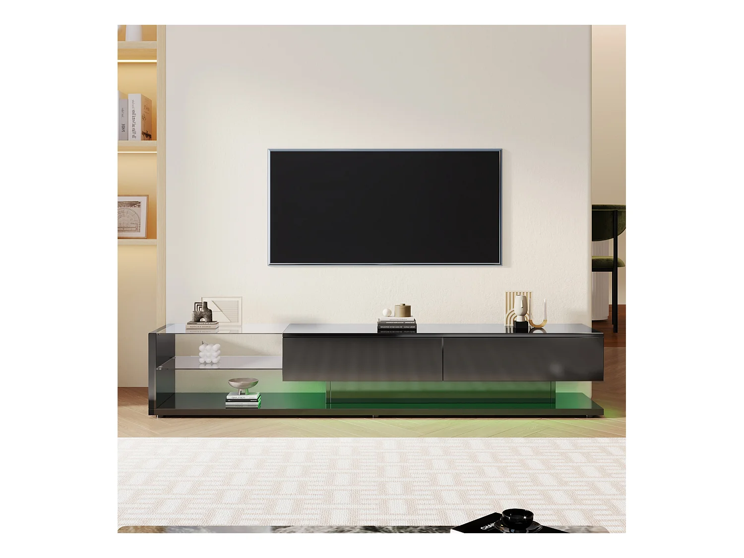 Meuble TV noir avec 2 tiroirs et étagères ouvertes - Éclairage LED
