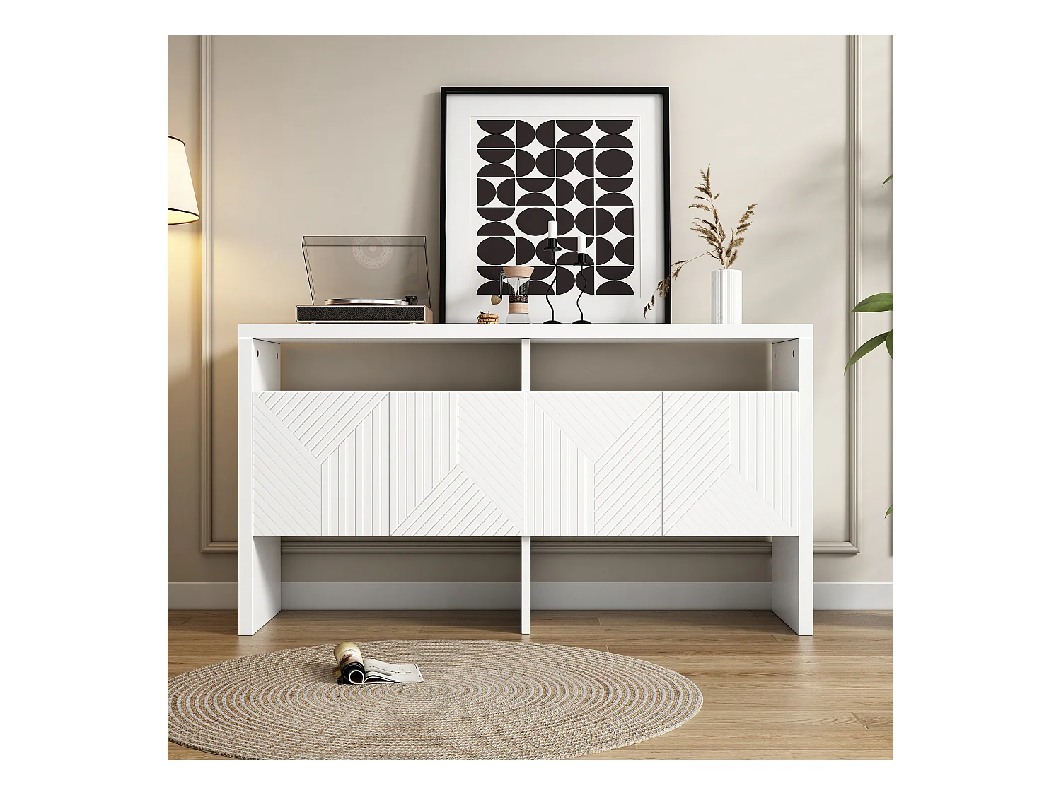 Buffet blanc, 140 x 75 x 35 cm, avec 2 compartiments ouverts et 4 portes, pour salons et couloirs