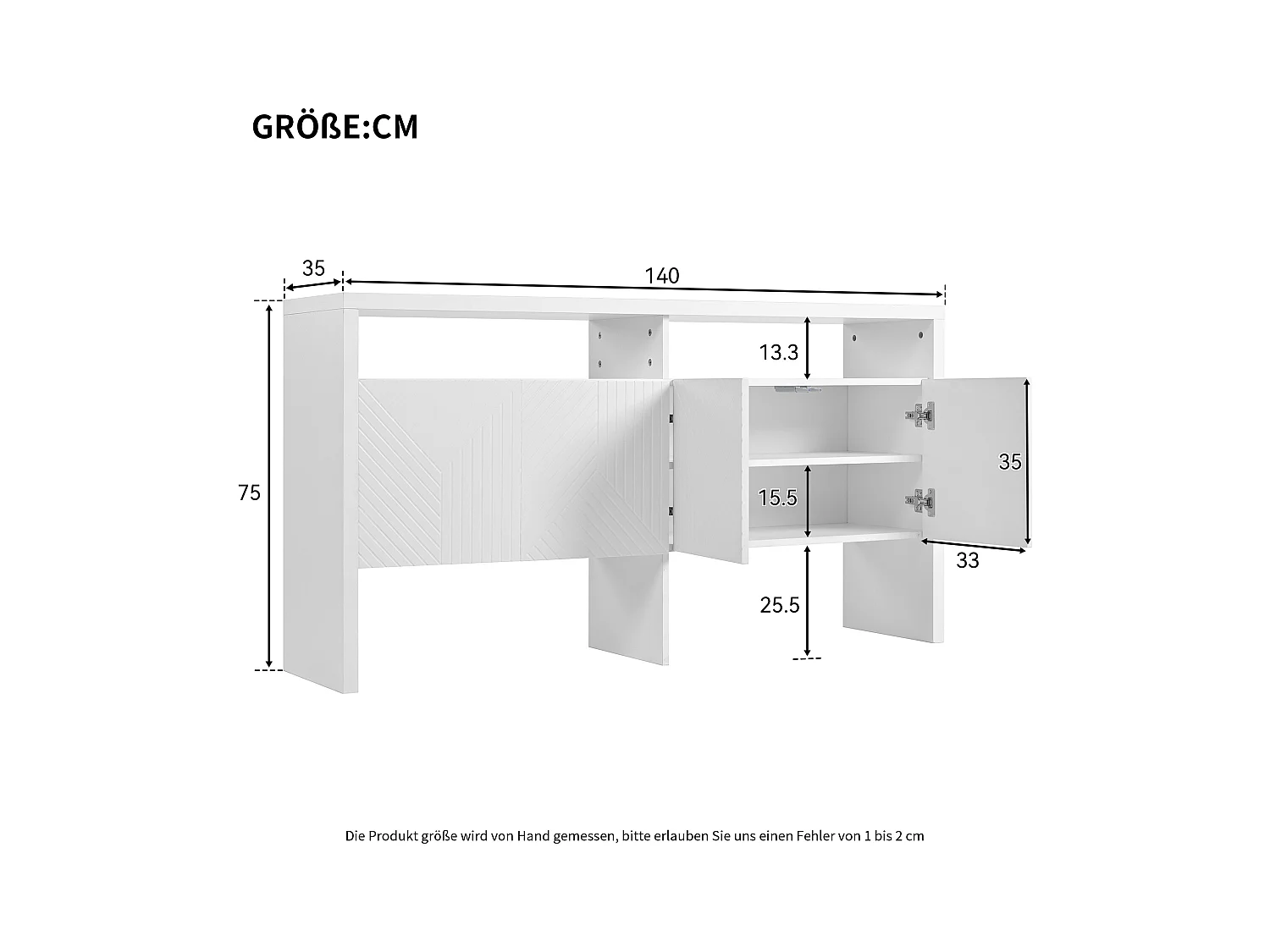 Buffet blanc, 140 x 75 x 35 cm, avec 2 compartiments ouverts et 4 portes, pour salons et couloirs