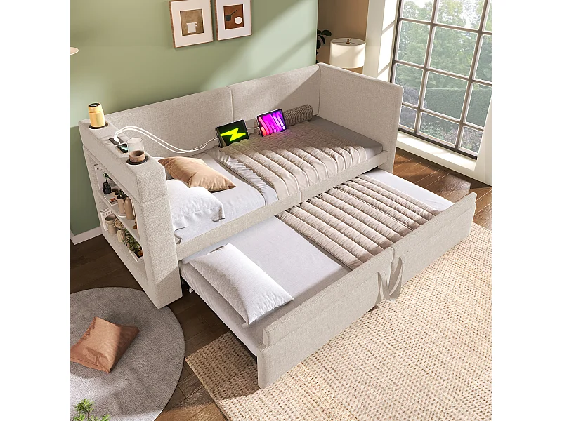 Daybed 90x200 cm, beige linnen, onderschuifbed met USB-oplaadfunctie, bekerhouder en opbergplank, zonder matras