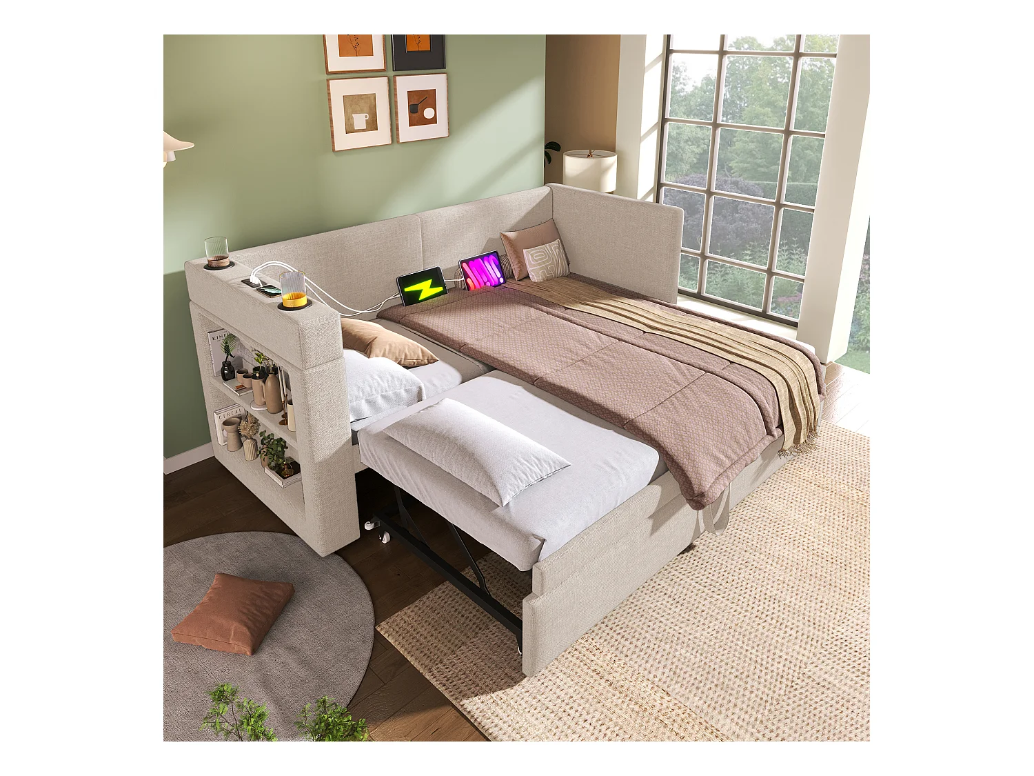 Sofá cama nido de 90 x 200 cm, lino beige, con cargador USB, portavasos y estante de almacenamiento (sin colchón)