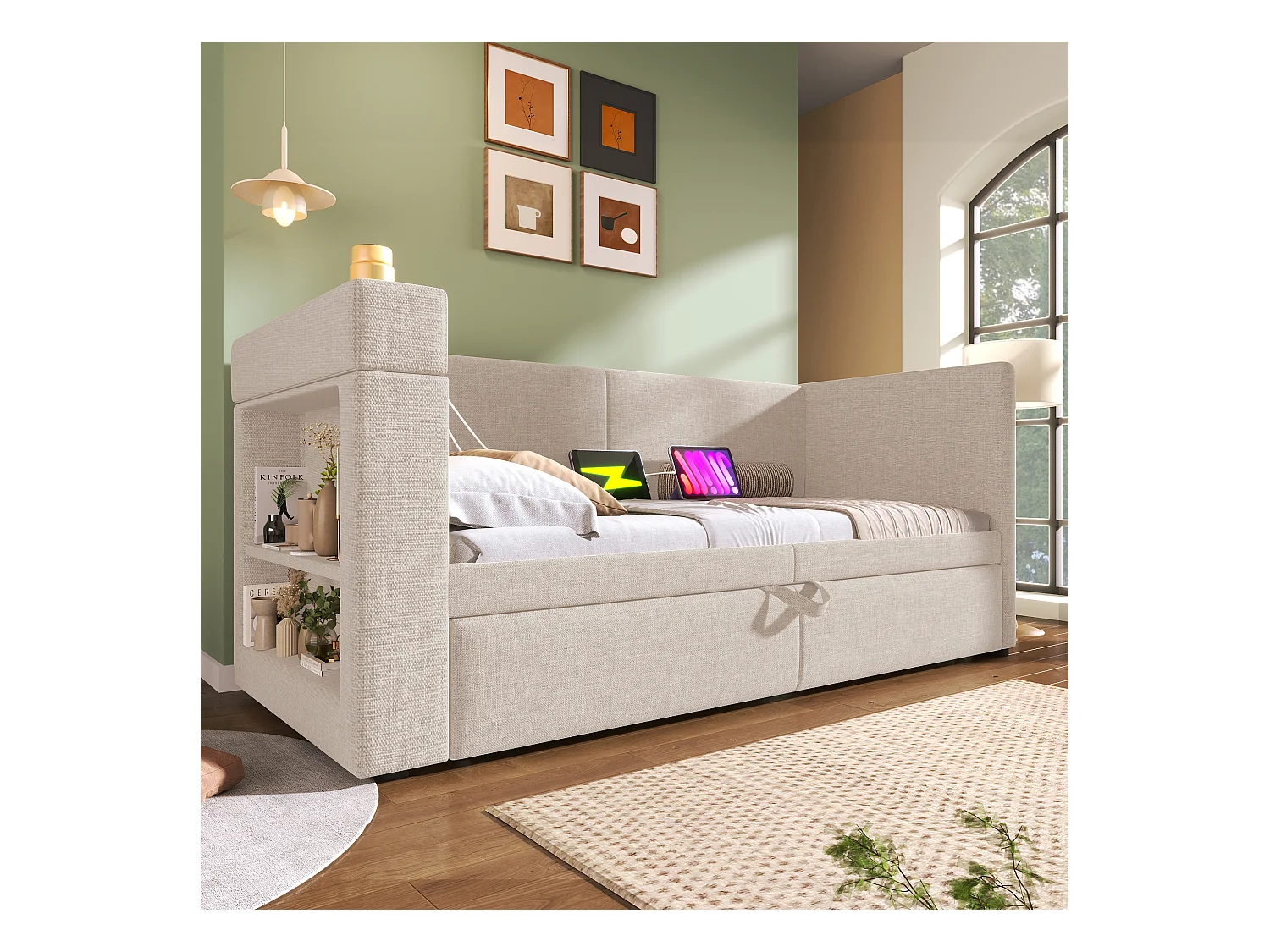 Sofá cama nido de 90 x 200 cm, lino beige, con cargador USB, portavasos y estante de almacenamiento (sin colchón)