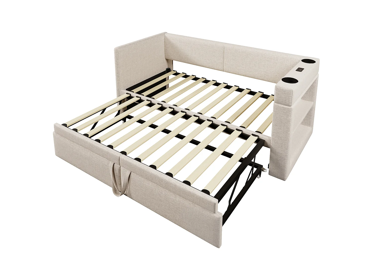 Sofá cama nido de 90 x 200 cm, lino beige, con cargador USB, portavasos y estante de almacenamiento (sin colchón)