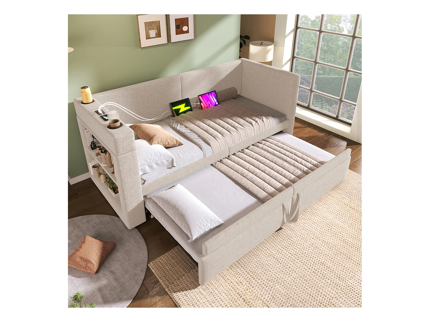 Lit banquette 90x200 cm, lin beige, Lit gigogne avec chargement USB, porte-gobelet et étagère de rangement, sans matelas