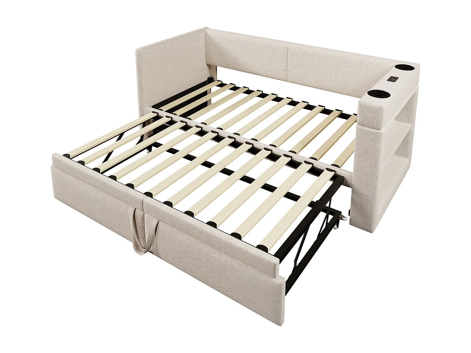 Lit banquette 90x200 cm, lin beige, Lit gigogne avec chargement USB, porte-gobelet et étagère de rangement, sans matelas