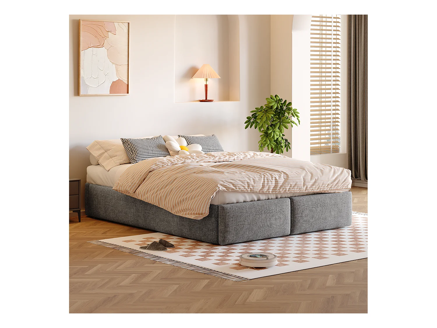 Lit coffre 140x200 cm, lit adulte avec 2 tiroirs de rangement, lin gris - sans matelas (sans tête de lit)