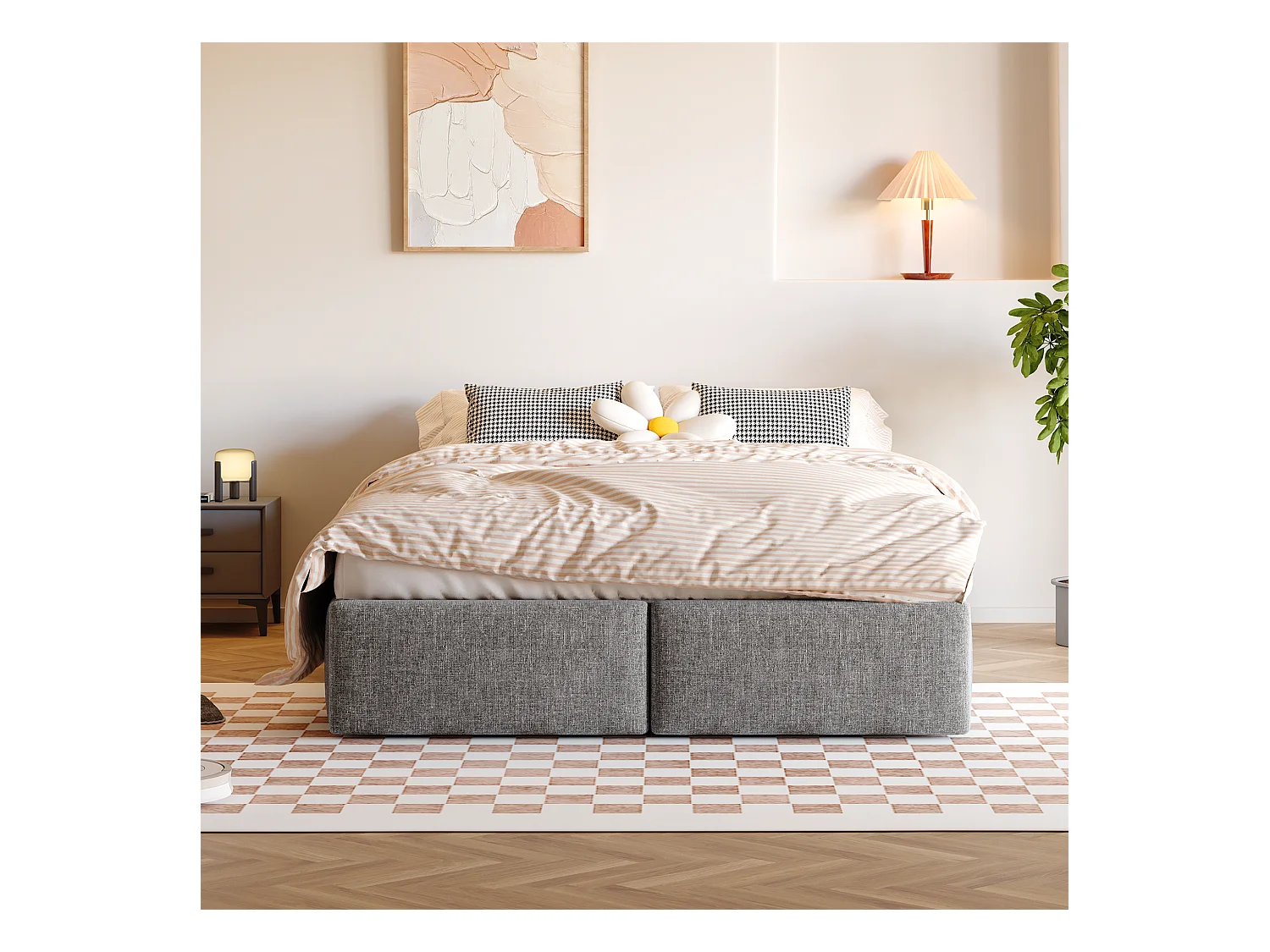 Lit coffre 140x200 cm, lit adulte avec 2 tiroirs de rangement, lin gris - sans matelas (sans tête de lit)