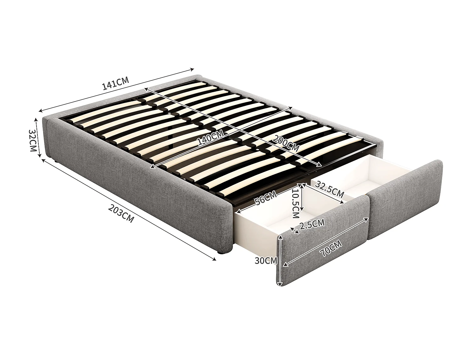 Lit coffre 140x200 cm, lit adulte avec 2 tiroirs de rangement, lin gris - sans matelas (sans tête de lit)
