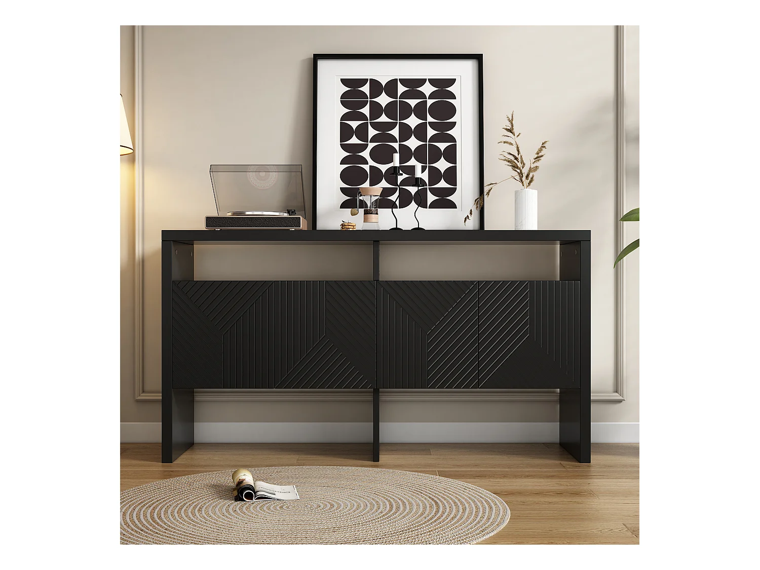 Buffet noir, 140x75x35 cm, avec 2 compartiments ouverts et 4 portes, pour salons et couloirs