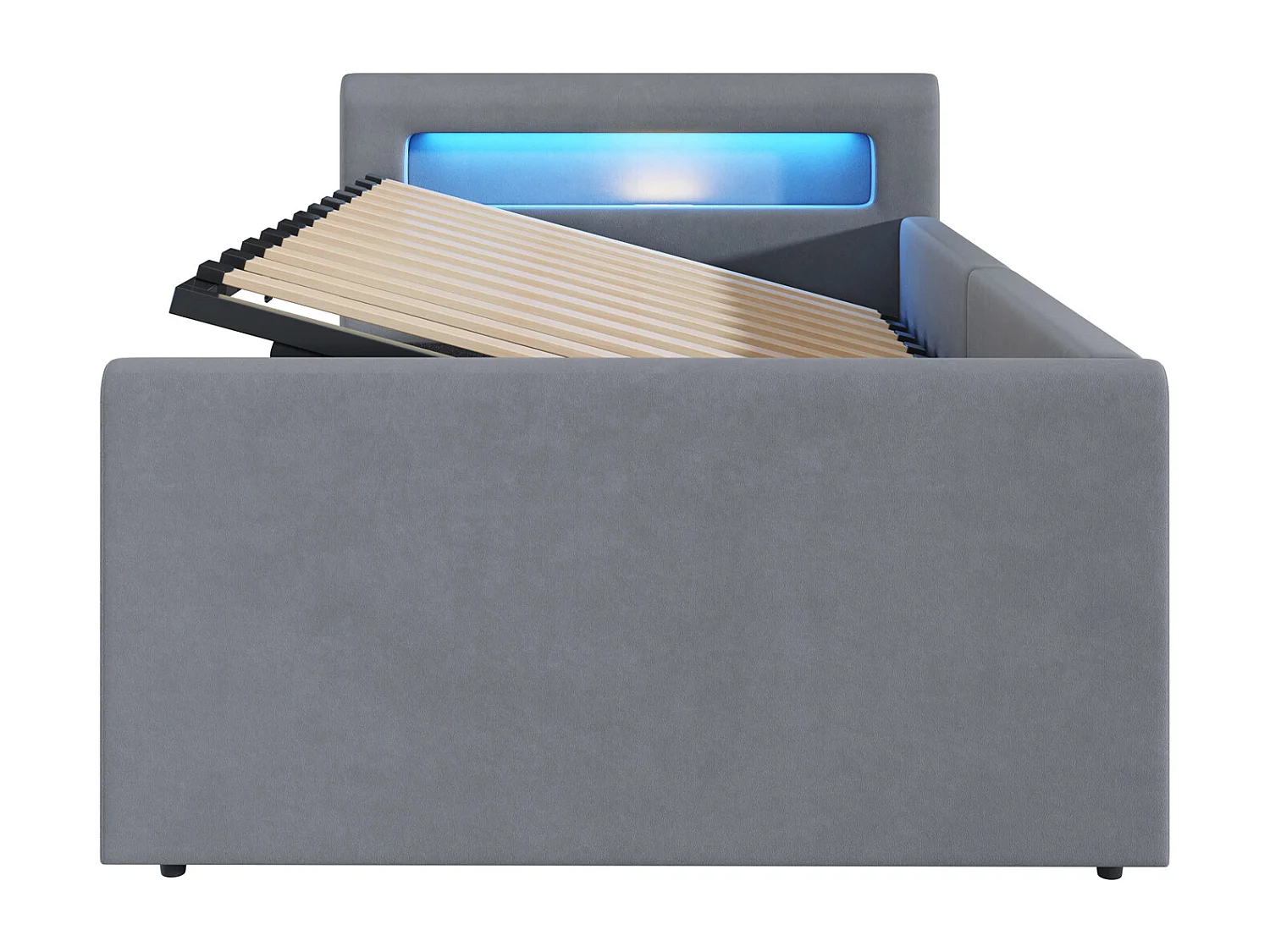 Lit coffre enfant 90x200 cm, velours gris clair, Lit simple avec LED et port USB, sans matelas