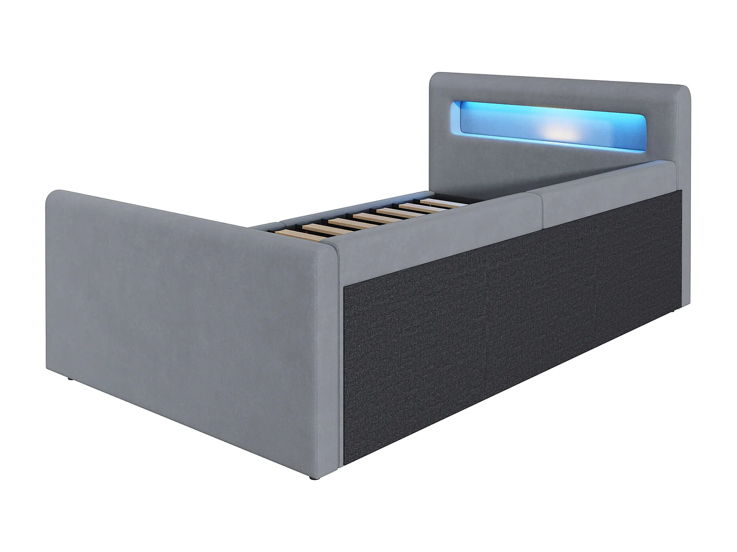 Lit coffre enfant 90x200 cm, velours gris clair, Lit simple avec LED et port USB, sans matelas