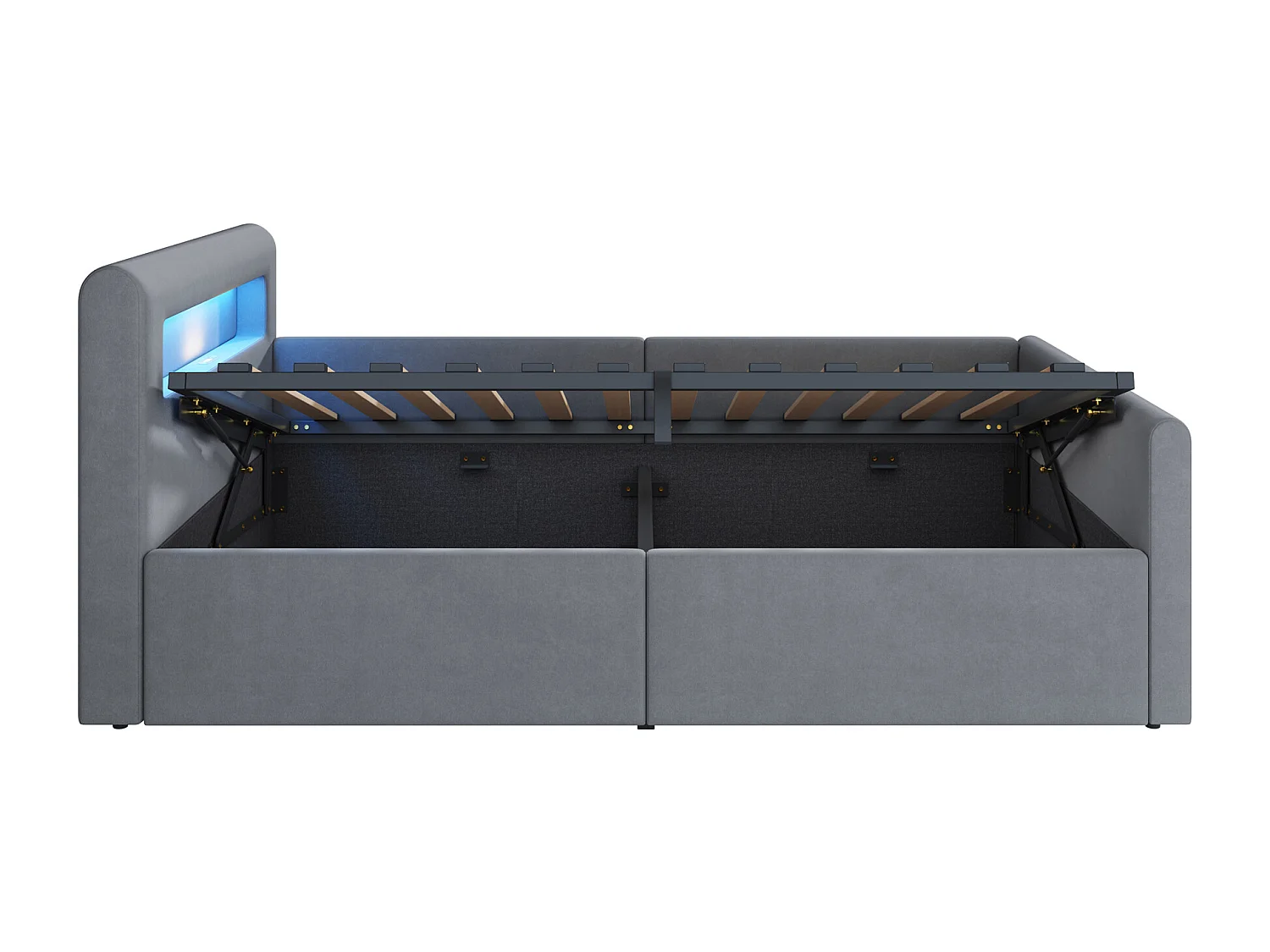 Lit coffre enfant 90x200 cm, velours gris clair, Lit simple avec LED et port USB, sans matelas