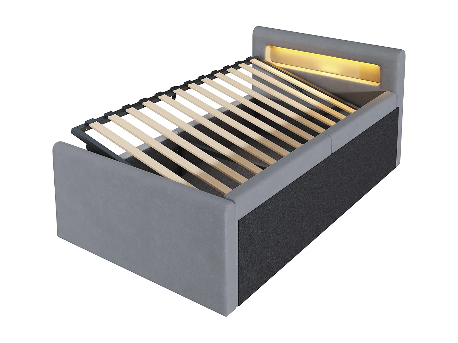 Lit coffre enfant 90x200 cm, velours gris clair, Lit simple avec LED et port USB, sans matelas