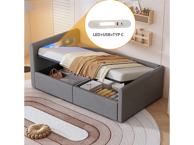 Lit coffre enfant 90x200 cm, velours gris clair, Lit simple avec LED et port USB, sans matelas
