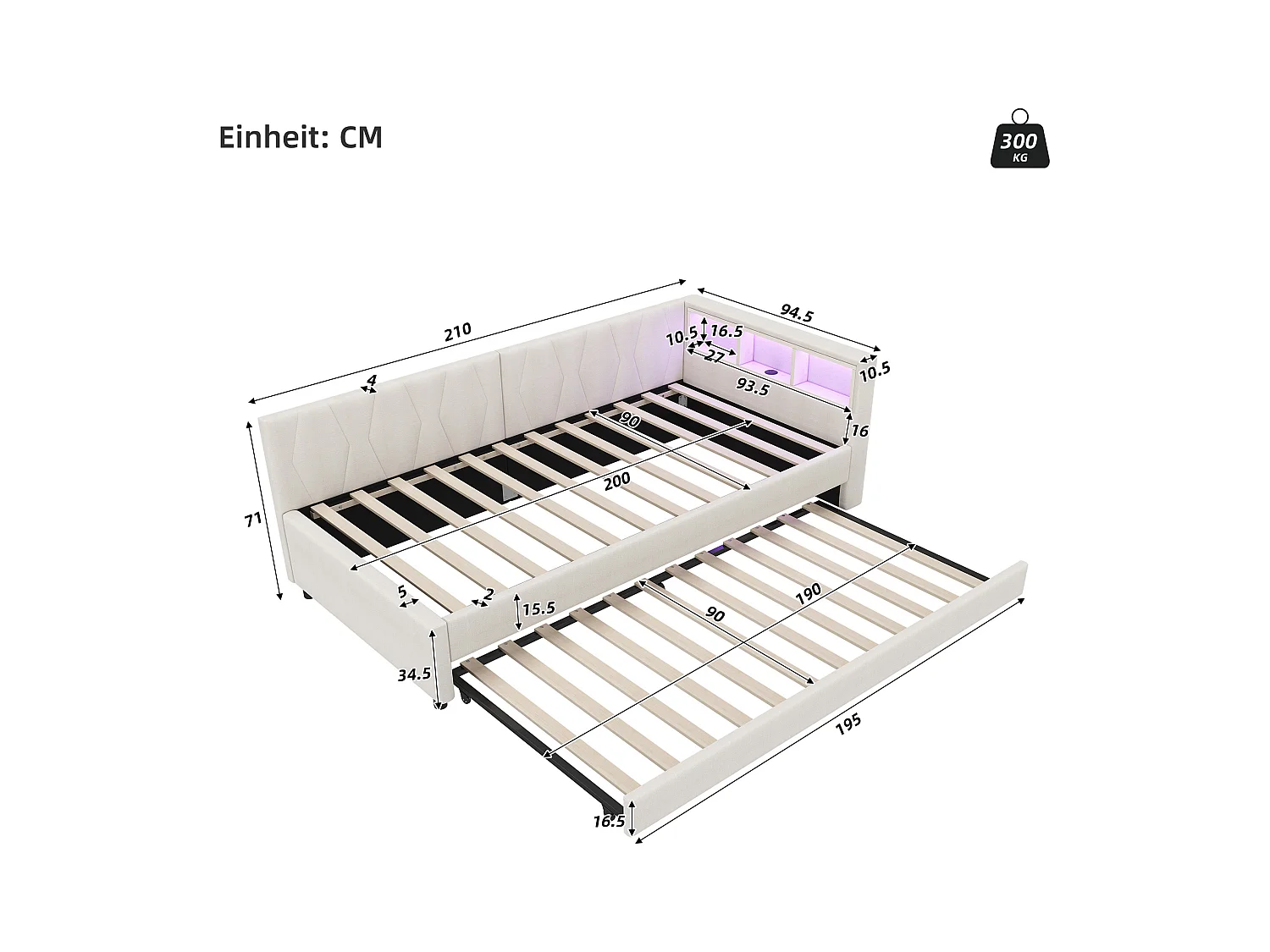 Letto estraibile 90x200 cm, tessuto di lino beige, divano letto con porte USB e LED, senza materasso