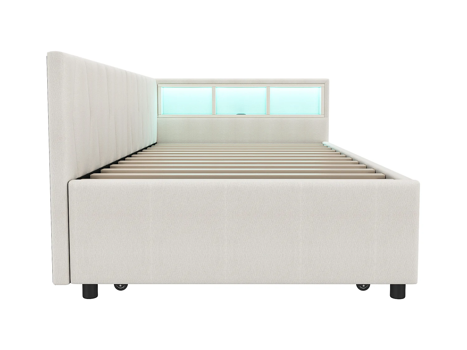 Letto estraibile 90x200 cm, tessuto di lino beige, divano letto con porte USB e LED, senza materasso