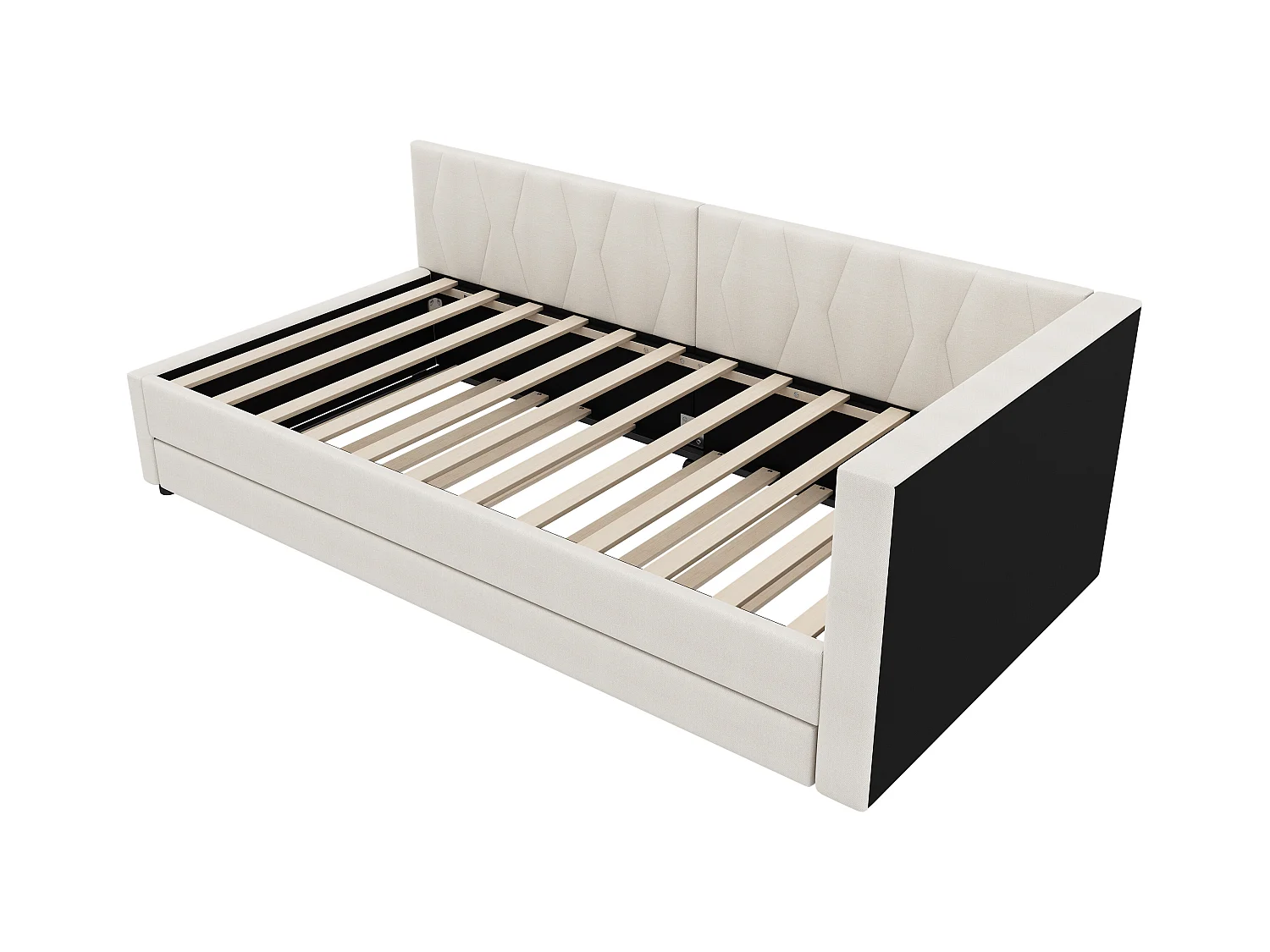 Lit gigogne 90x200 cm, tissu lin beige, Lit banquette avec ports USB et LED, sans matelas