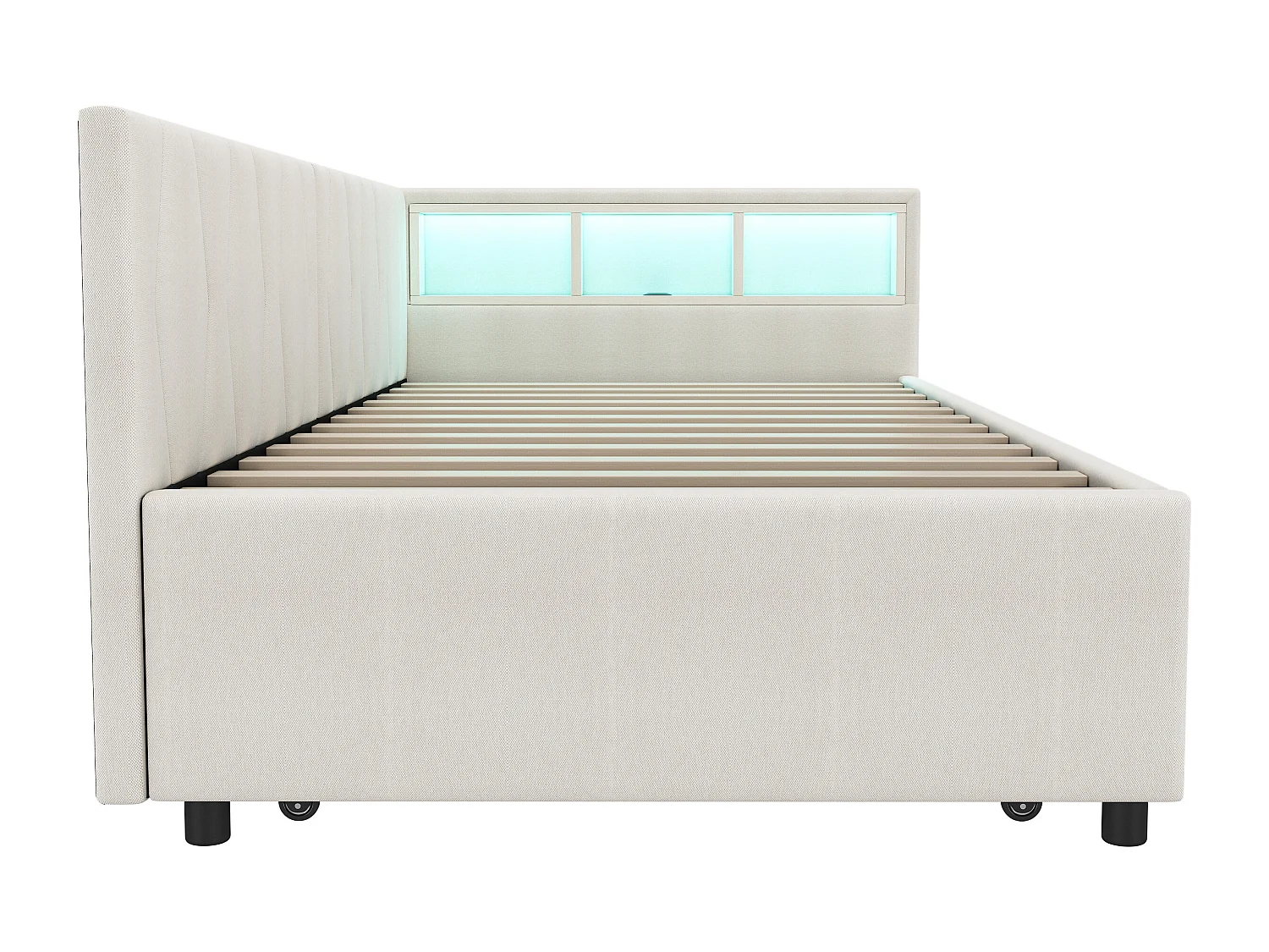 Lit gigogne 90x200 cm, tissu lin beige, Lit banquette avec ports USB et LED, sans matelas