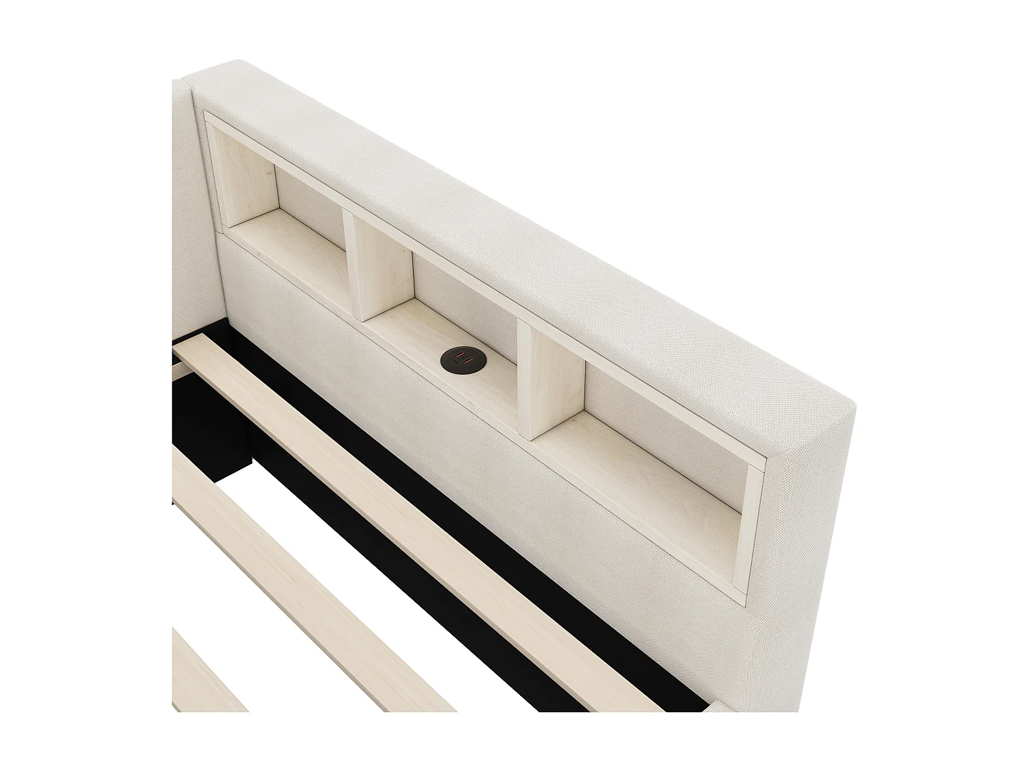 Lit gigogne 90x200 cm, tissu lin beige, Lit banquette avec ports USB et LED, sans matelas