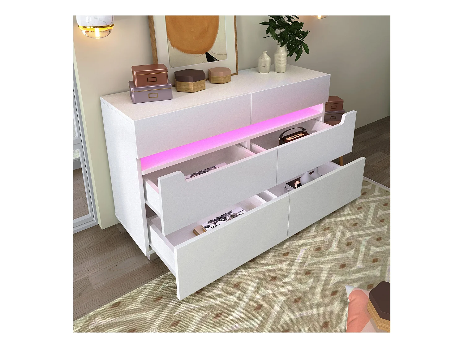 Aparador blanco con iluminación LED y 6 cajones para salón y dormitorio.