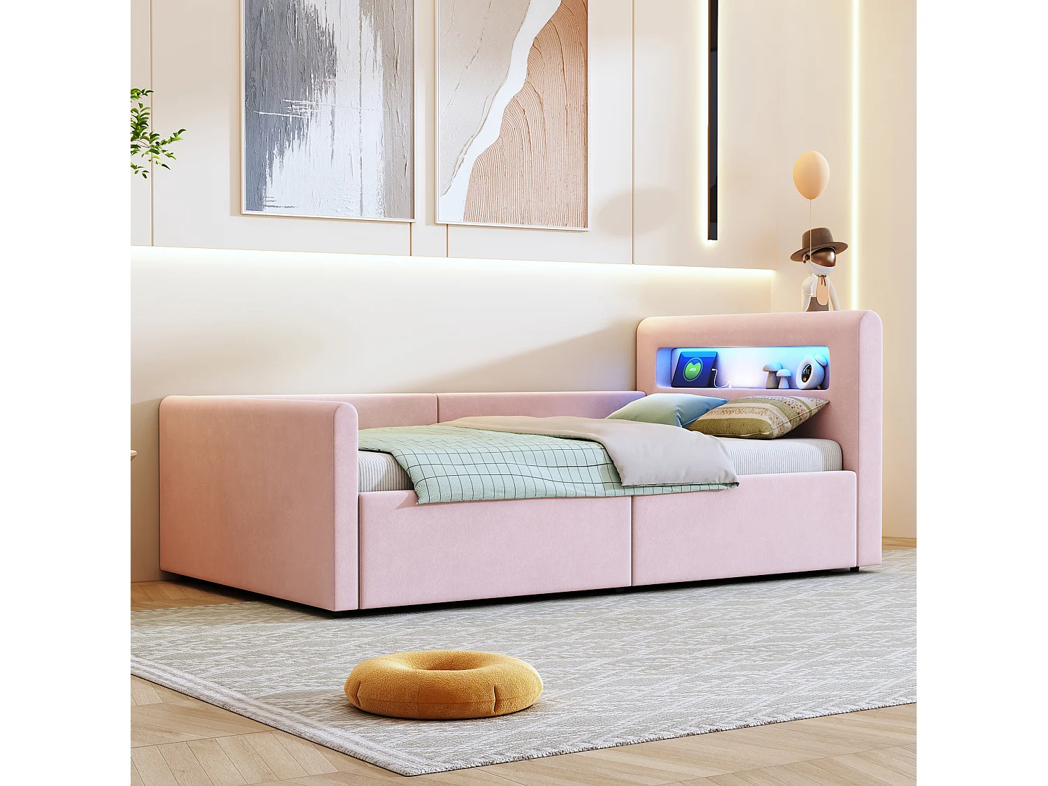 Lit coffre enfant 90x200 cm, velours rose, Lit simple avec LED et port USB, sans matelas