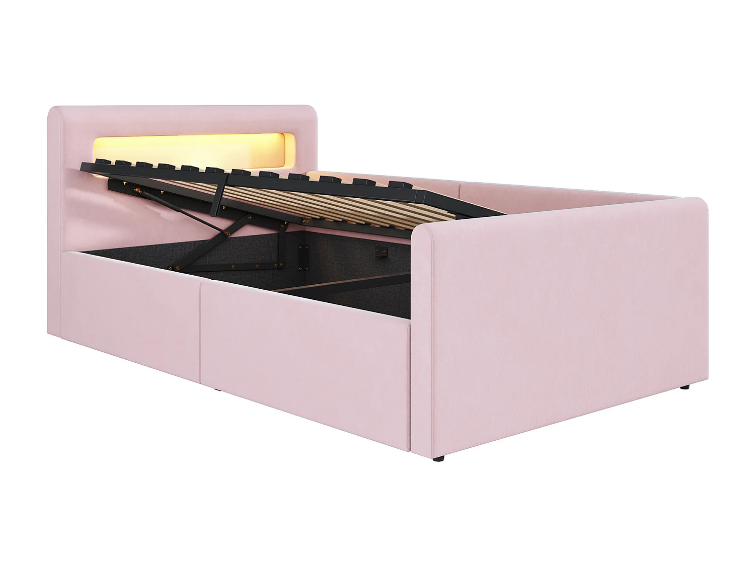 Lit coffre enfant 90x200 cm, velours rose, Lit simple avec LED et port USB, sans matelas