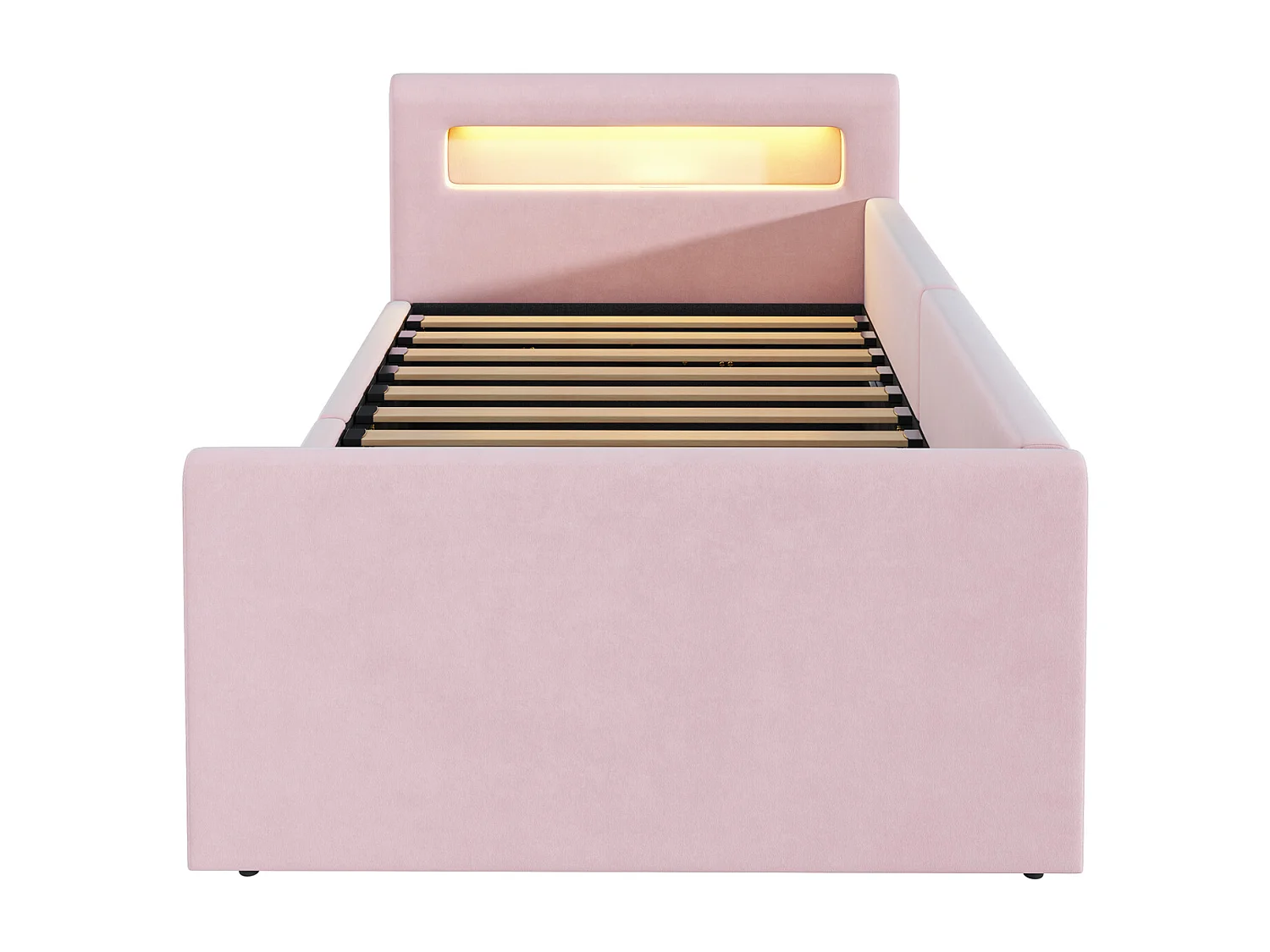 Lit coffre enfant 90x200 cm, velours rose, Lit simple avec LED et port USB, sans matelas
