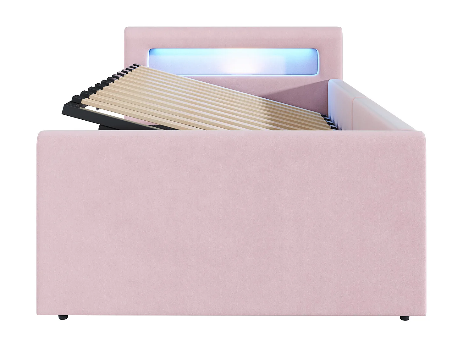 Lit coffre enfant 90x200 cm, velours rose, Lit simple avec LED et port USB, sans matelas