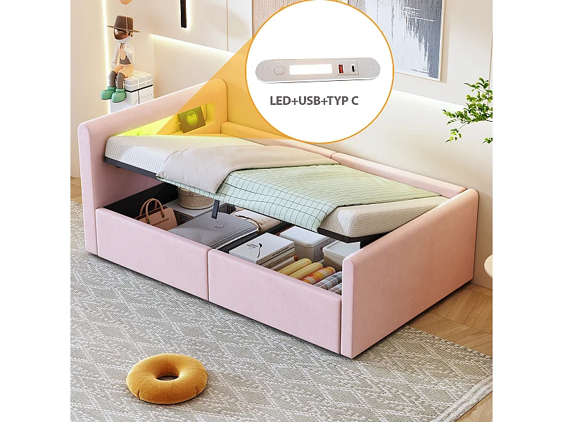 Lit coffre enfant 90x200 cm, velours rose, Lit simple avec LED et port USB, sans matelas