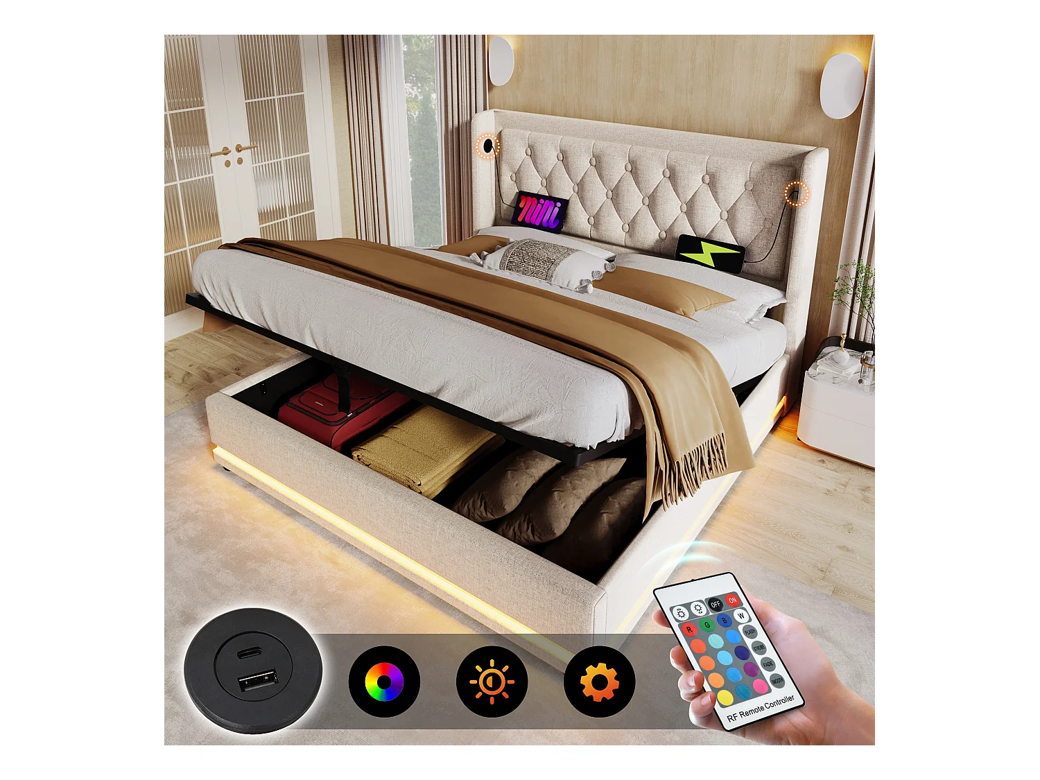 Lit coffre 160 x 200 cm, coton beige, Lit double avec LED et prise USB, sans matelas
