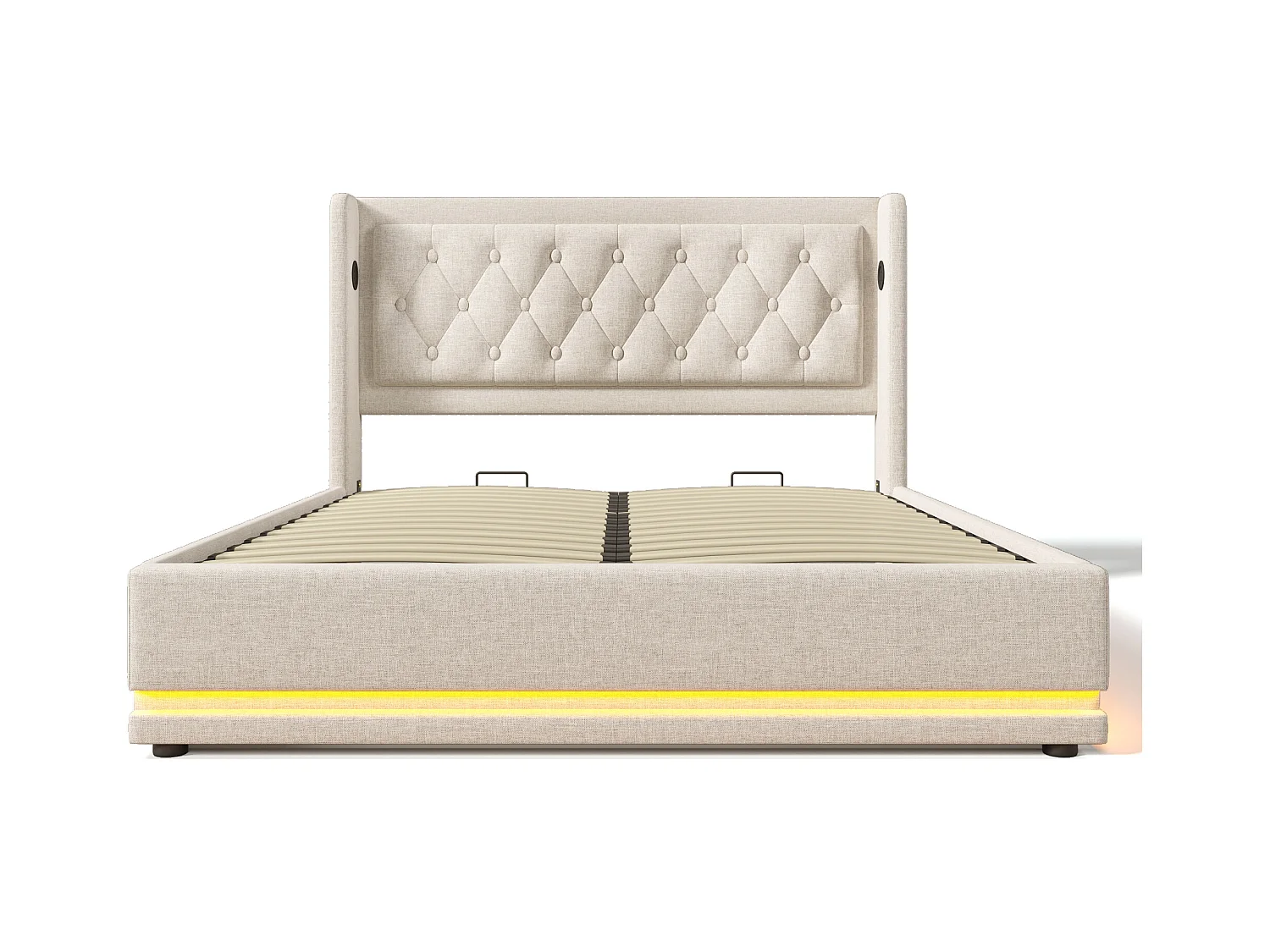 Lit coffre 160 x 200 cm, coton beige, Lit double avec LED et prise USB, sans matelas