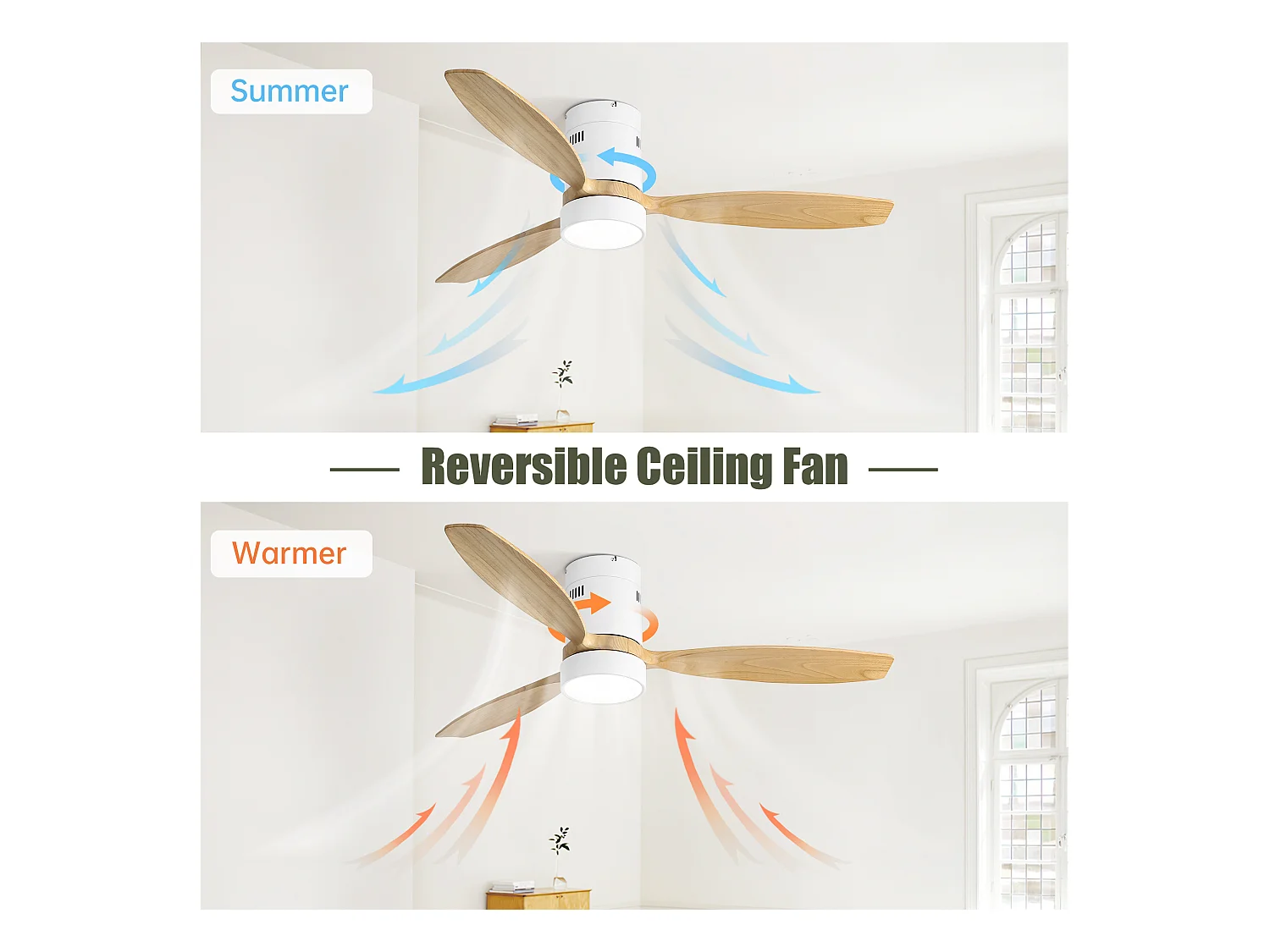 Ventilador de techo empotrado - Ventilador de techo para sala de estar con control remoto y luz LED - 3 aspas de madera