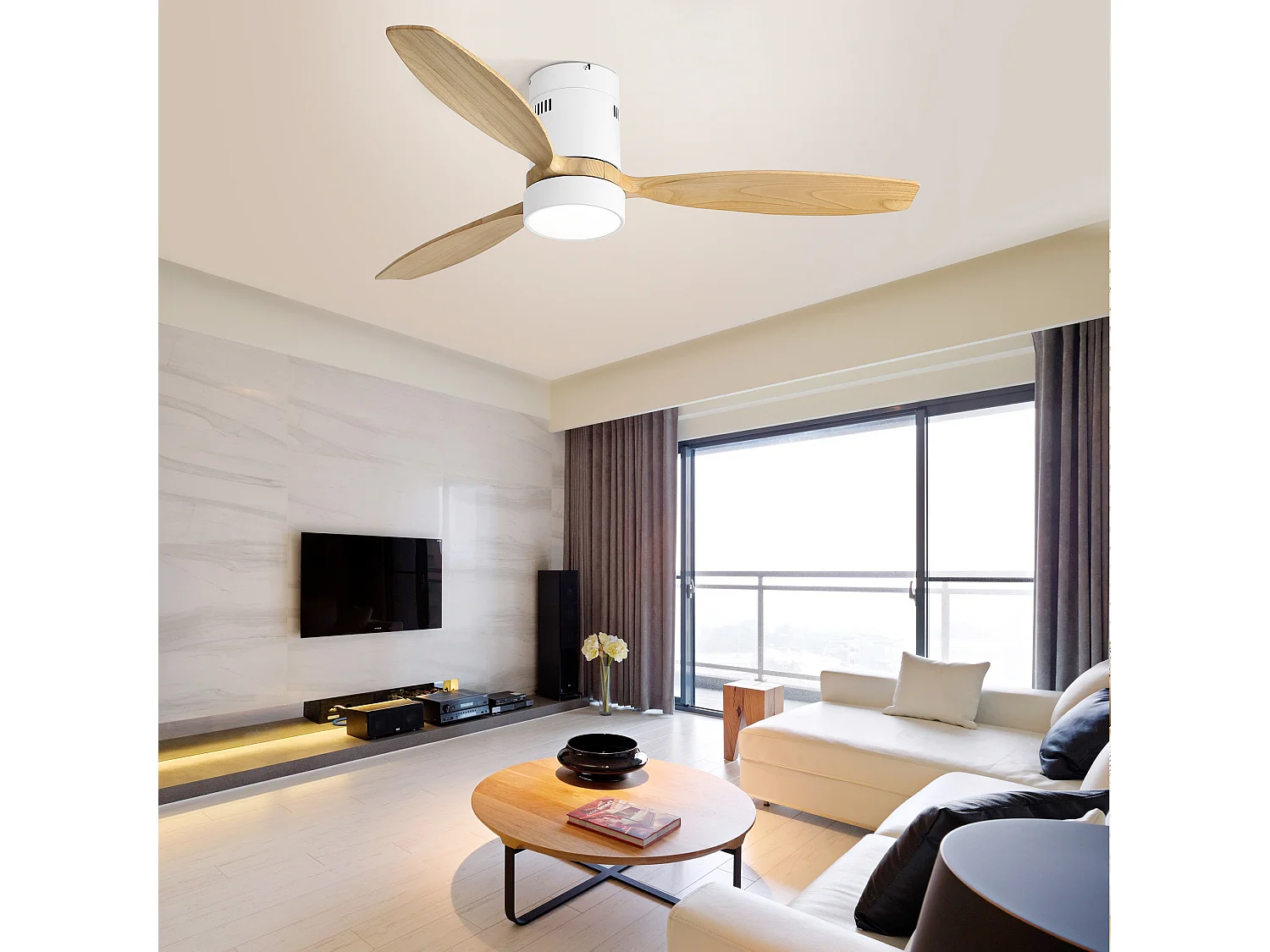 Ventilateur de plafond encastrable - Ventilateur de plafond de salon avec télécommande et lumière LED - 3 pales en bois