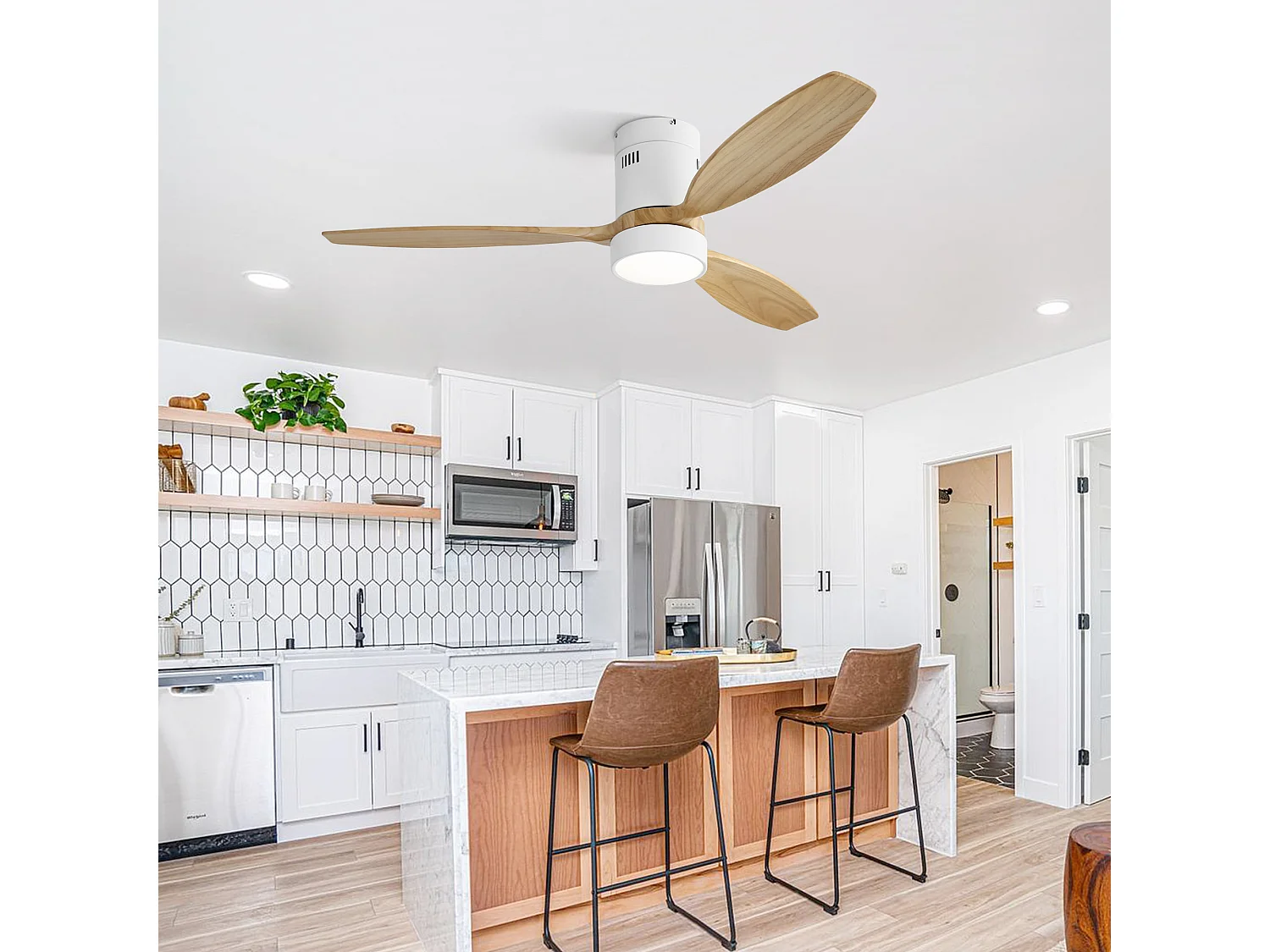 Ventilateur de plafond encastrable - Ventilateur de plafond de salon avec télécommande et lumière LED - 3 pales en bois