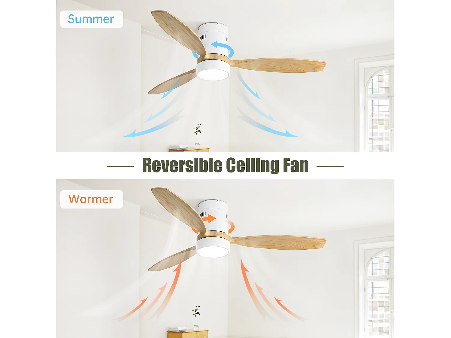 Ventilateur de plafond encastrable - Ventilateur de plafond de salon avec télécommande et lumière LED - 3 pales en bois