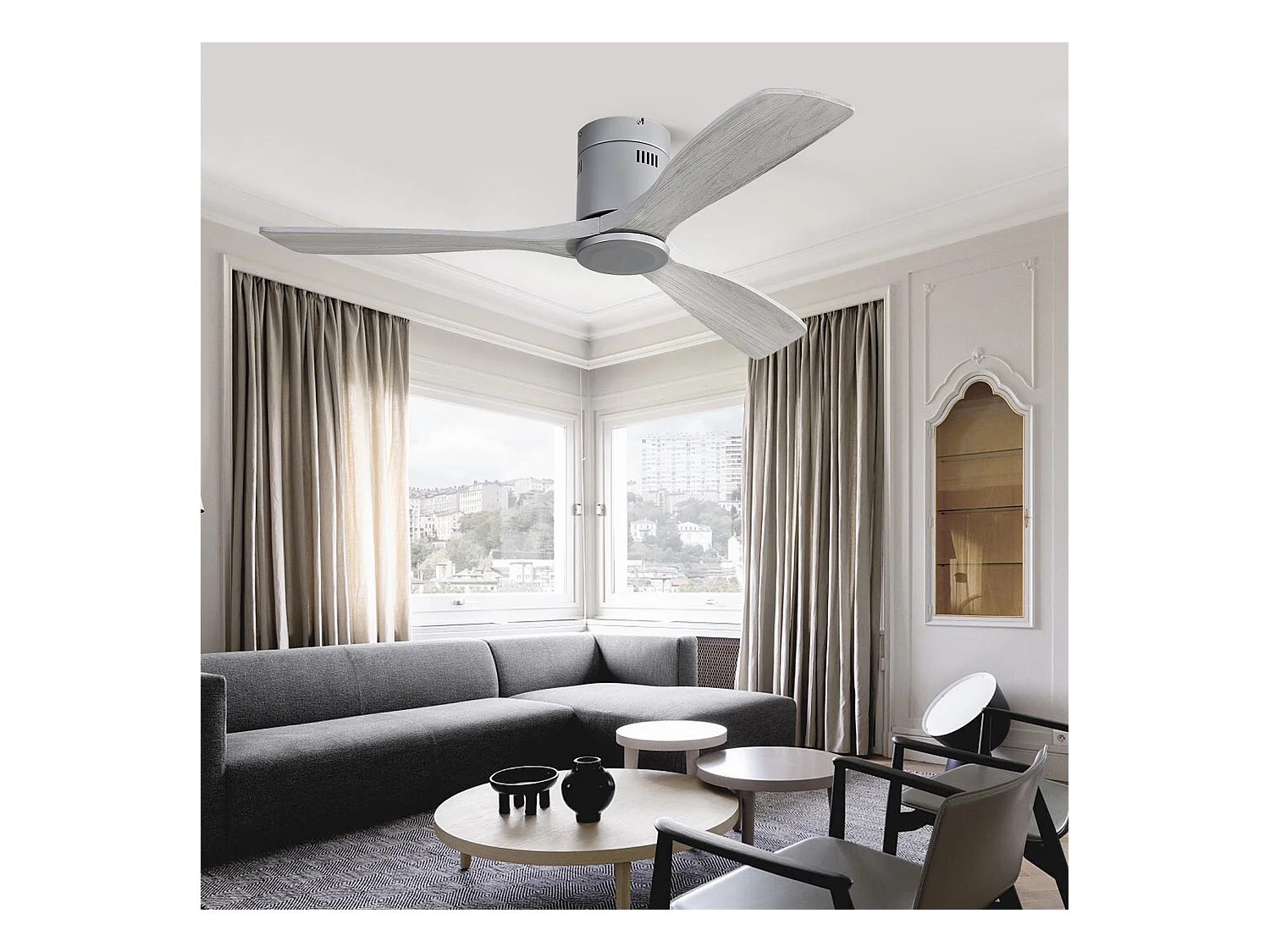 Ventilateur de plafond moderne argenté - 132 cm à 3 pales - Moteur CC réversible silencieux - Pour salon