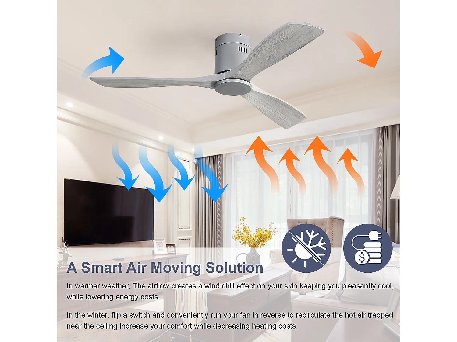 Ventilateur de plafond moderne argenté - 132 cm à 3 pales - Moteur CC réversible silencieux - Pour salon