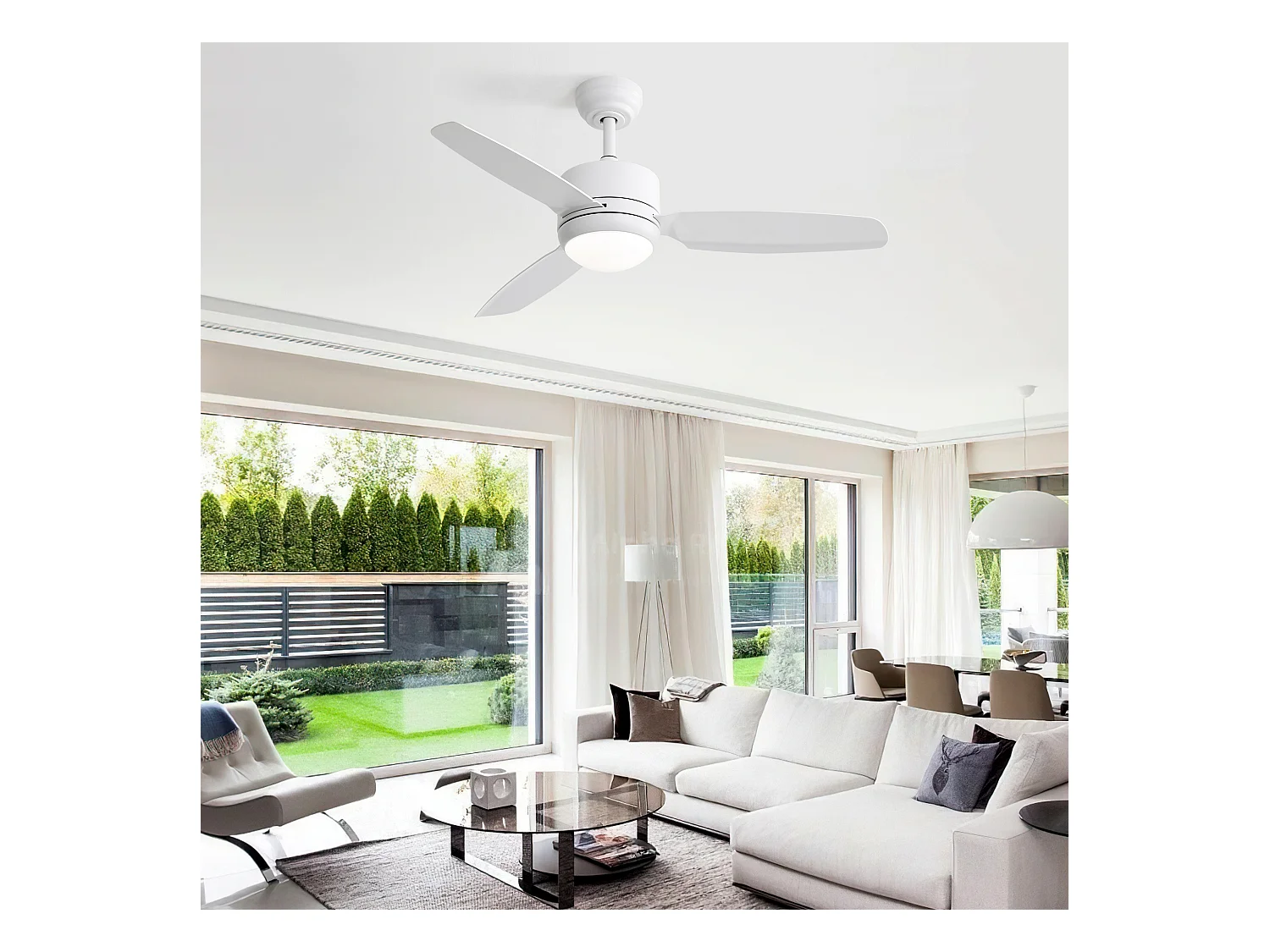 Witte plafondventilator - Plafondventilator voor woonkamer met 6 snelheden en 3 ABS-bladen - LED-verlichting