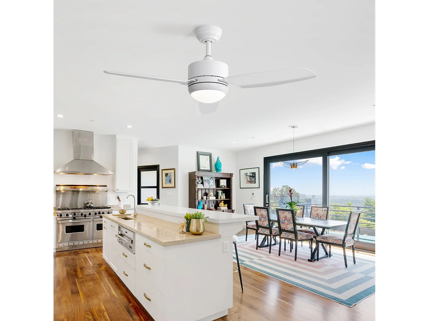 Weißer Deckenventilator – Wohnzimmer-Deckenventilator mit 6 Geschwindigkeiten und 3 ABS-Flügeln – LED-Beleuchtung