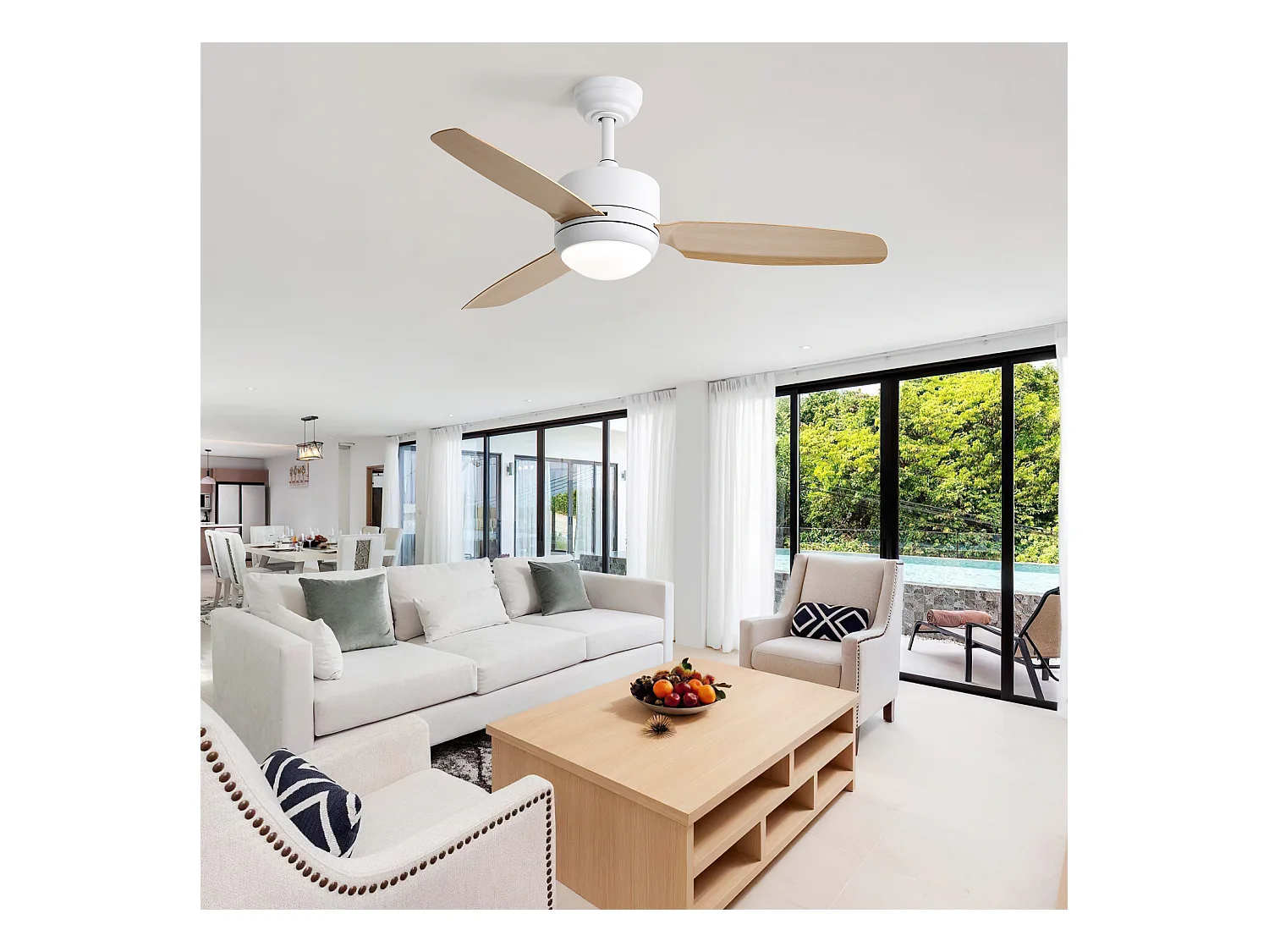 Ventilateur de plafond en bois - Ventilateur de plafond de salon avec 6 vitesses et 3 pales en ABS - éclairage LED